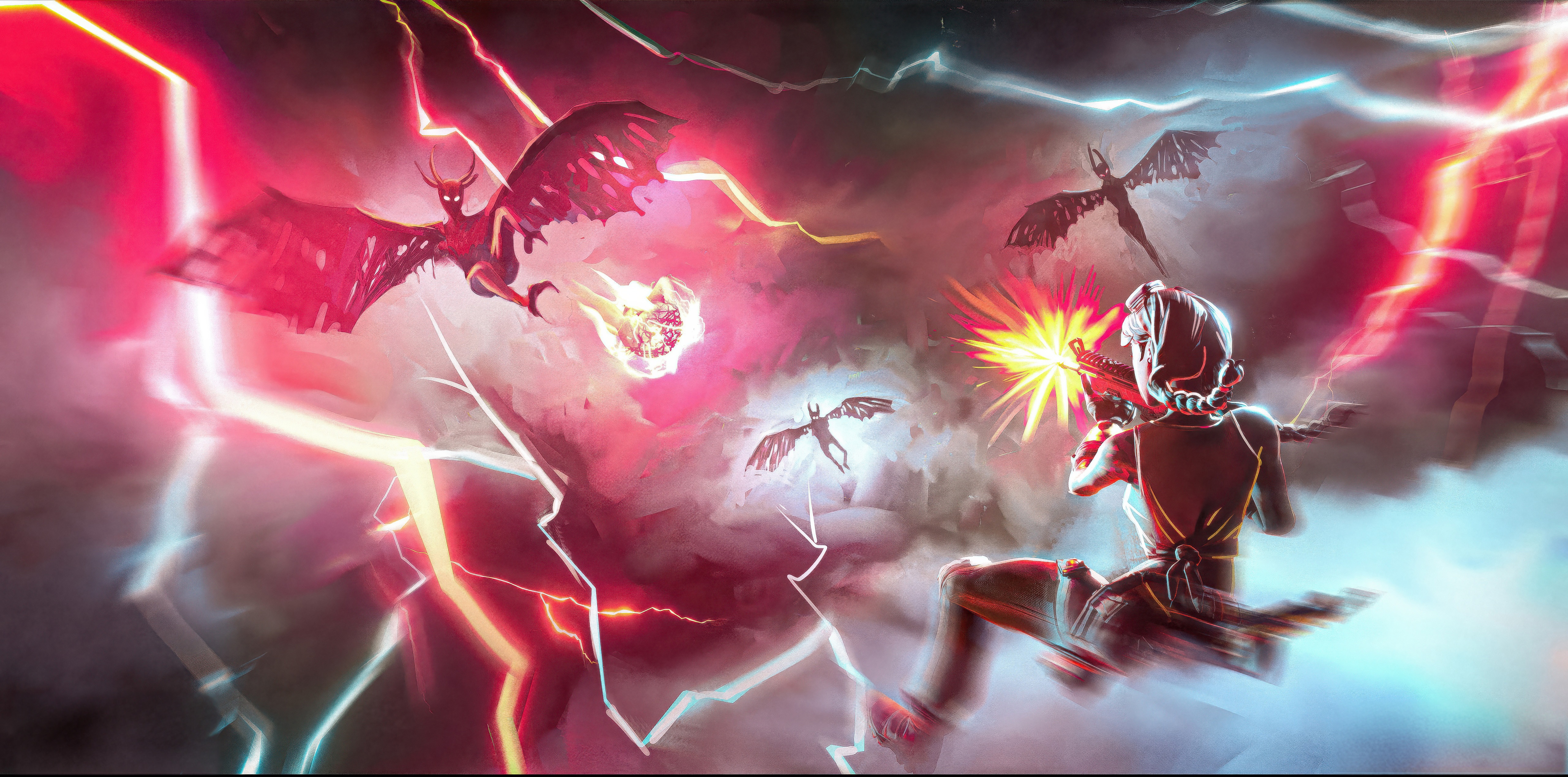 Fortnite characters fighting winged creatures with lightning HD Wallpaper