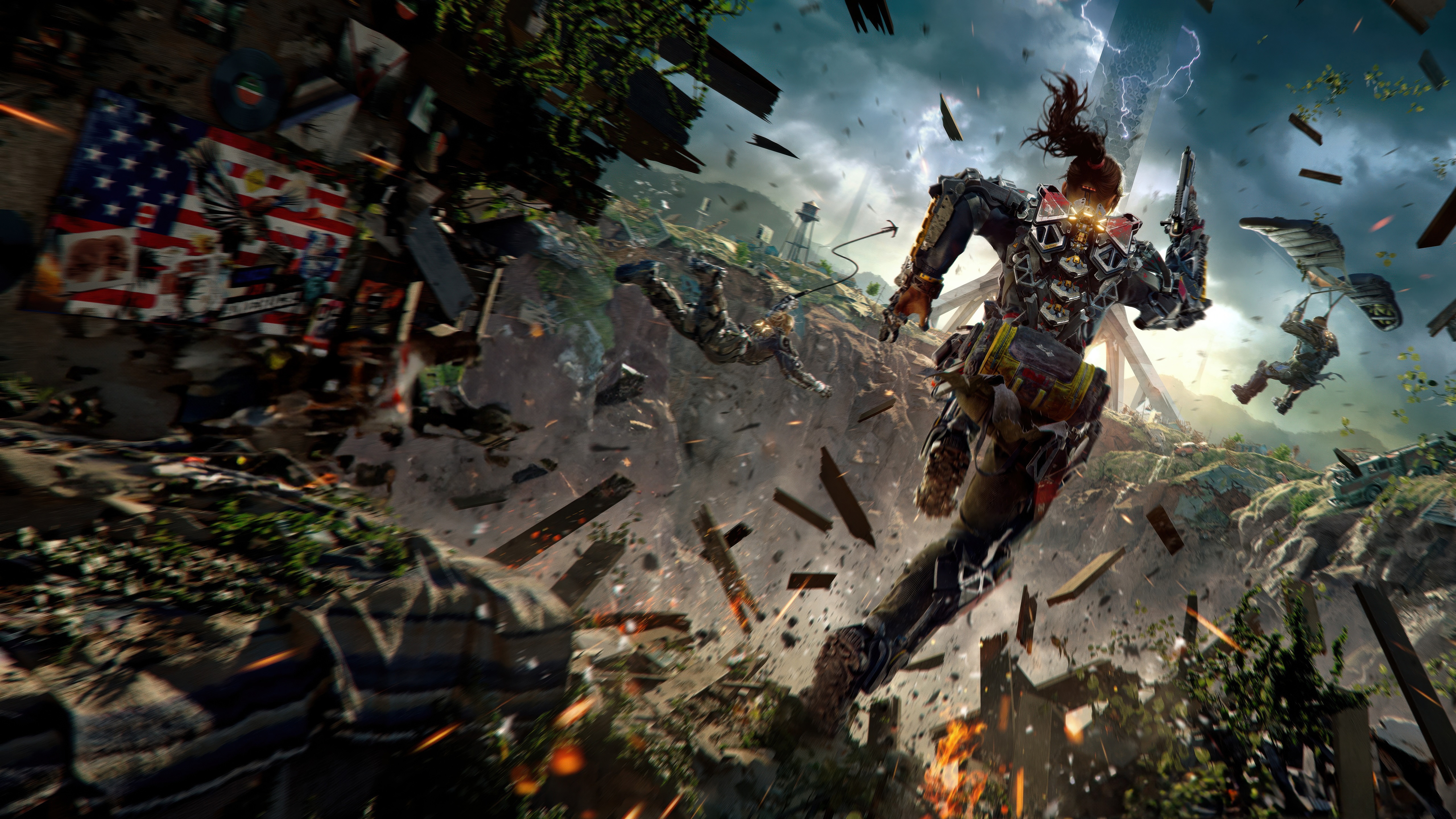 Exoborne soldiers in a chaotic battle with debris falling HD Wallpaper