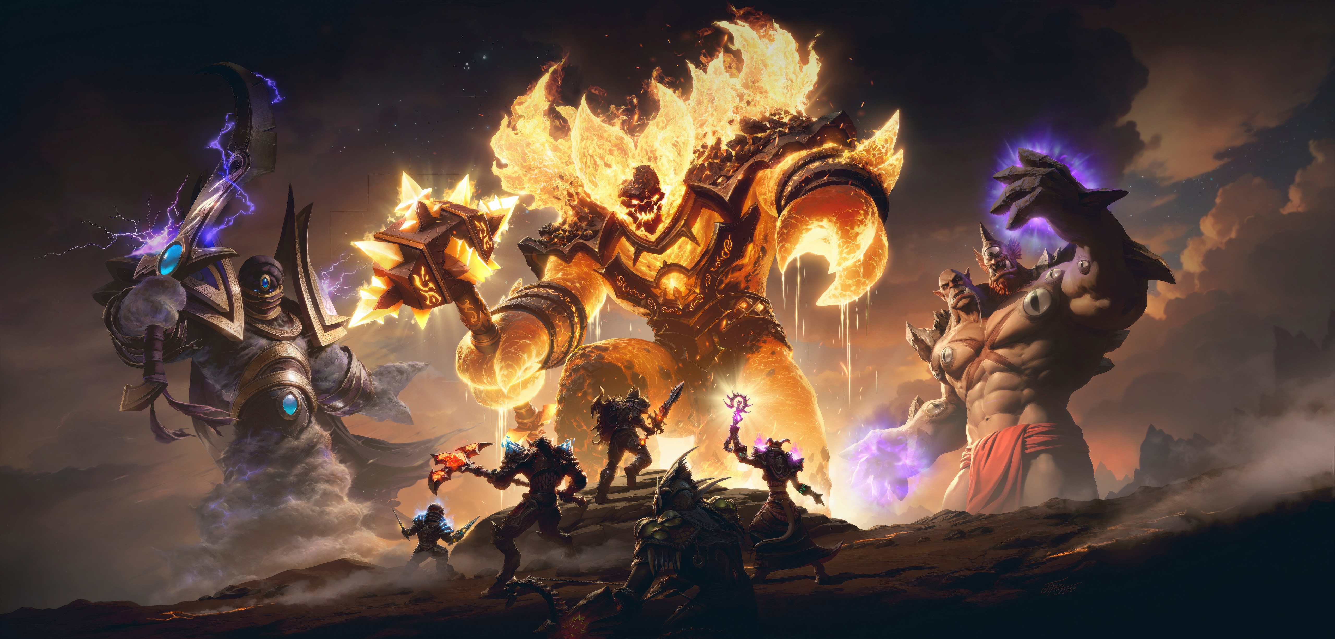 World of Warcraft Cataclysm Classic: Elemental Giants and Heroes HD Wallpaper