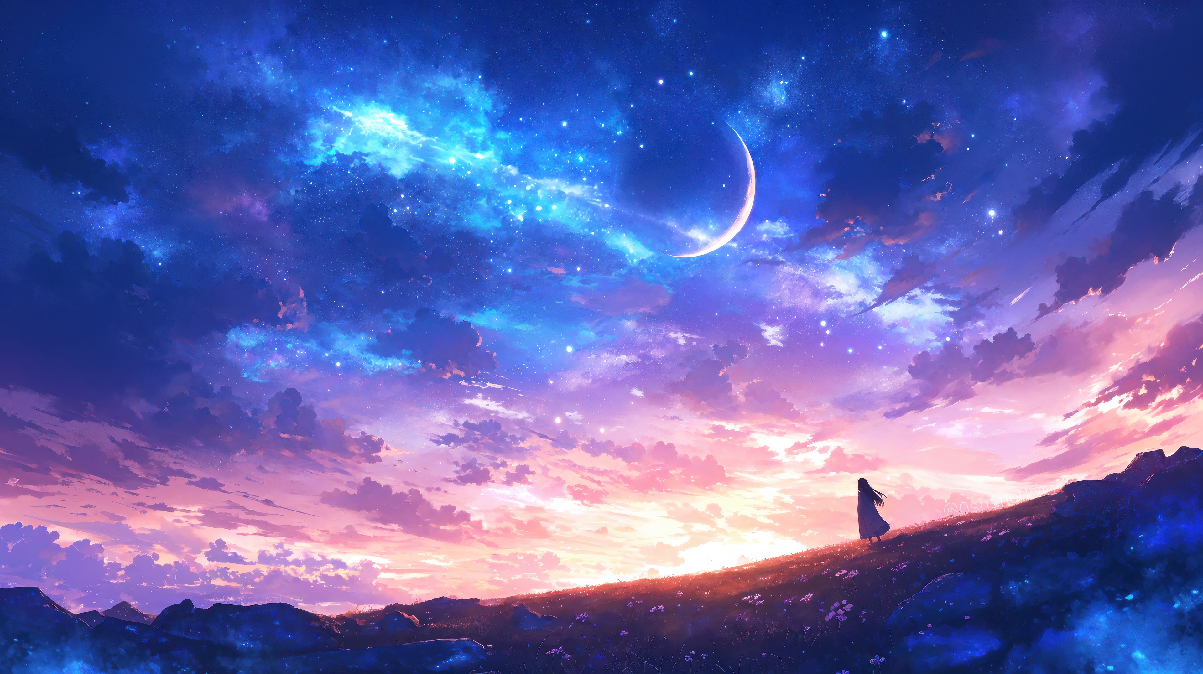 Anime girl under a crescent moon and starry sky HD Wallpaper