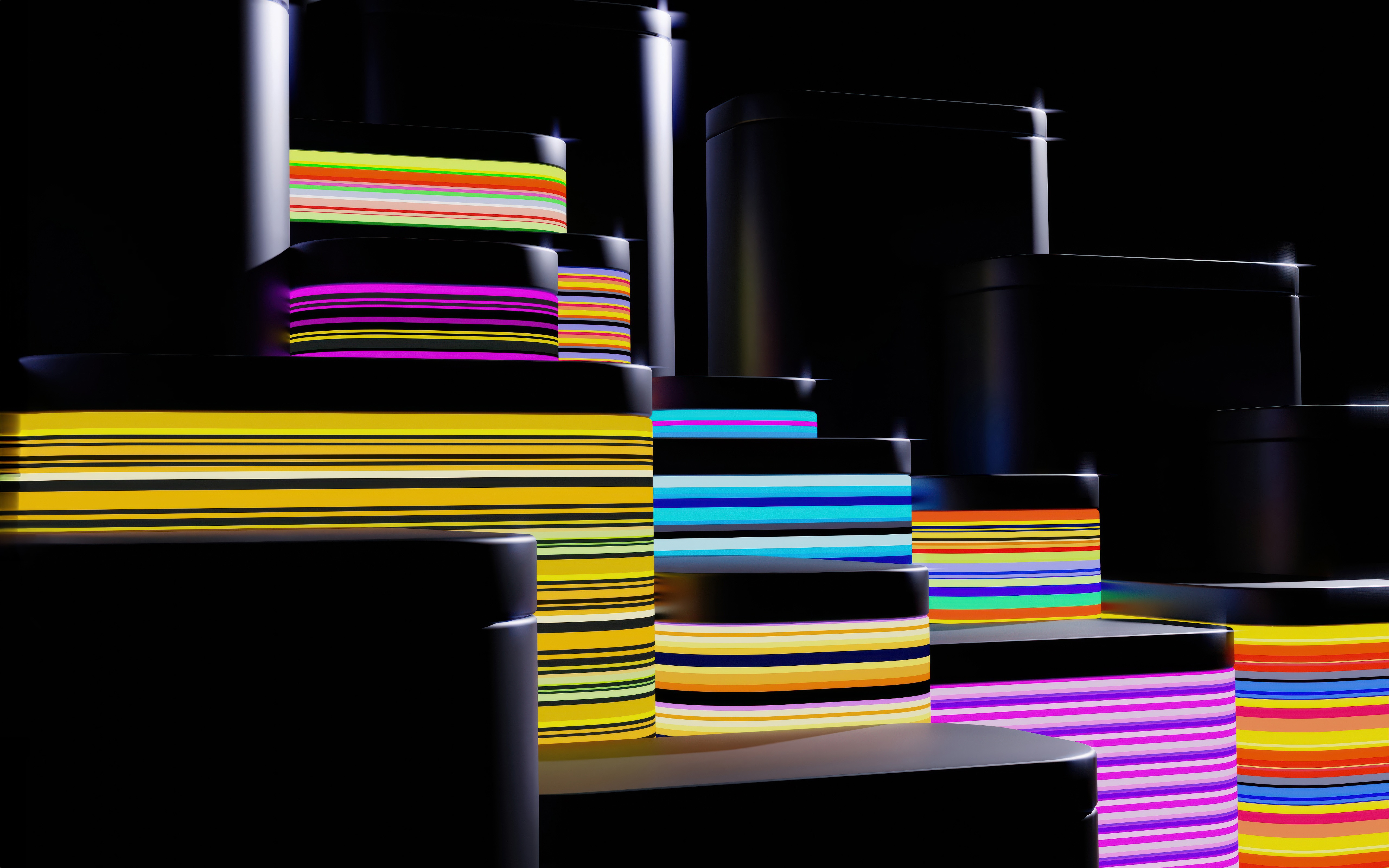 Black Cylinders with Colorful Stripes HD Wallpaper