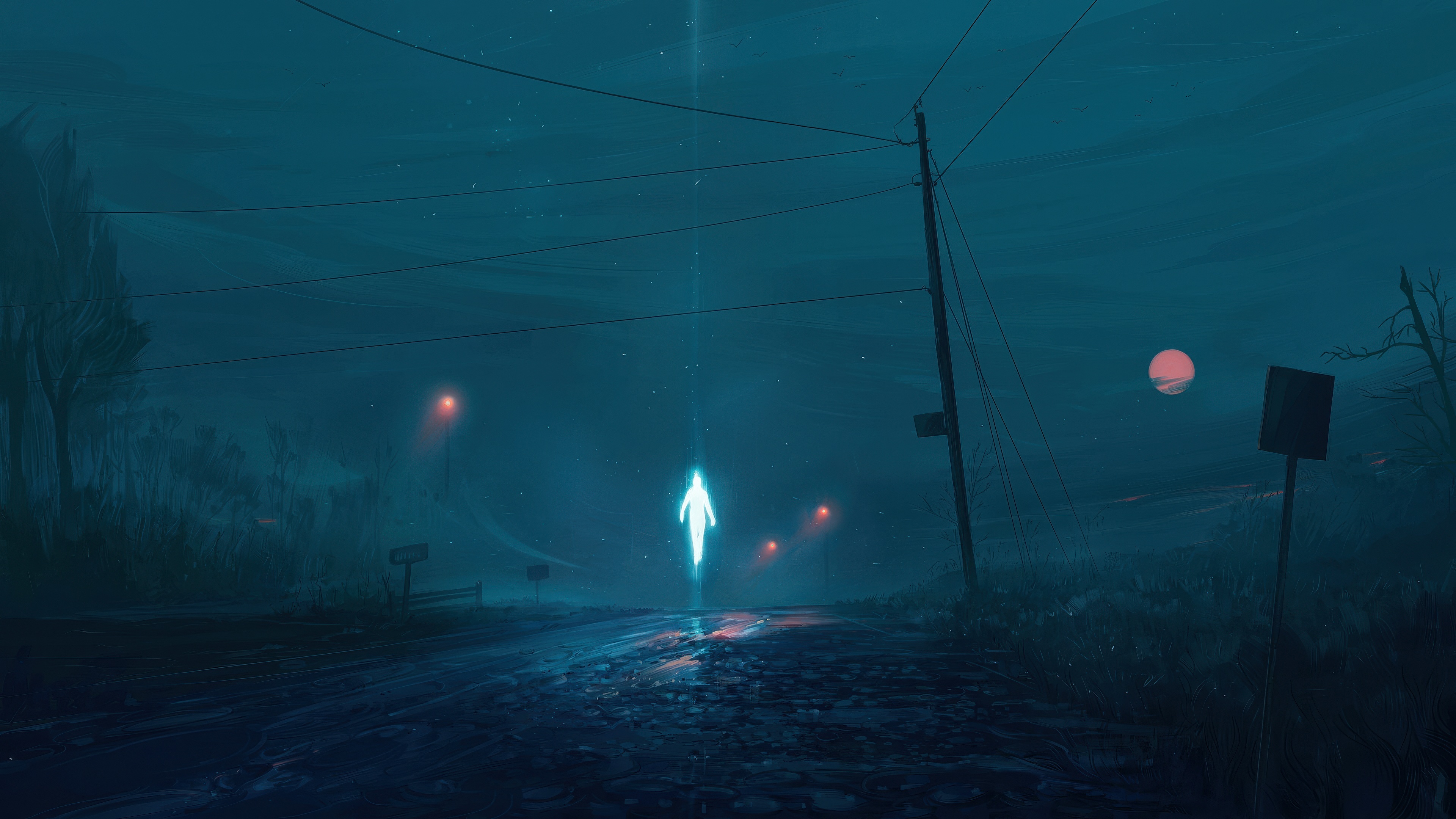 Glowing figure on a dark, misty road at night HD Wallpaper