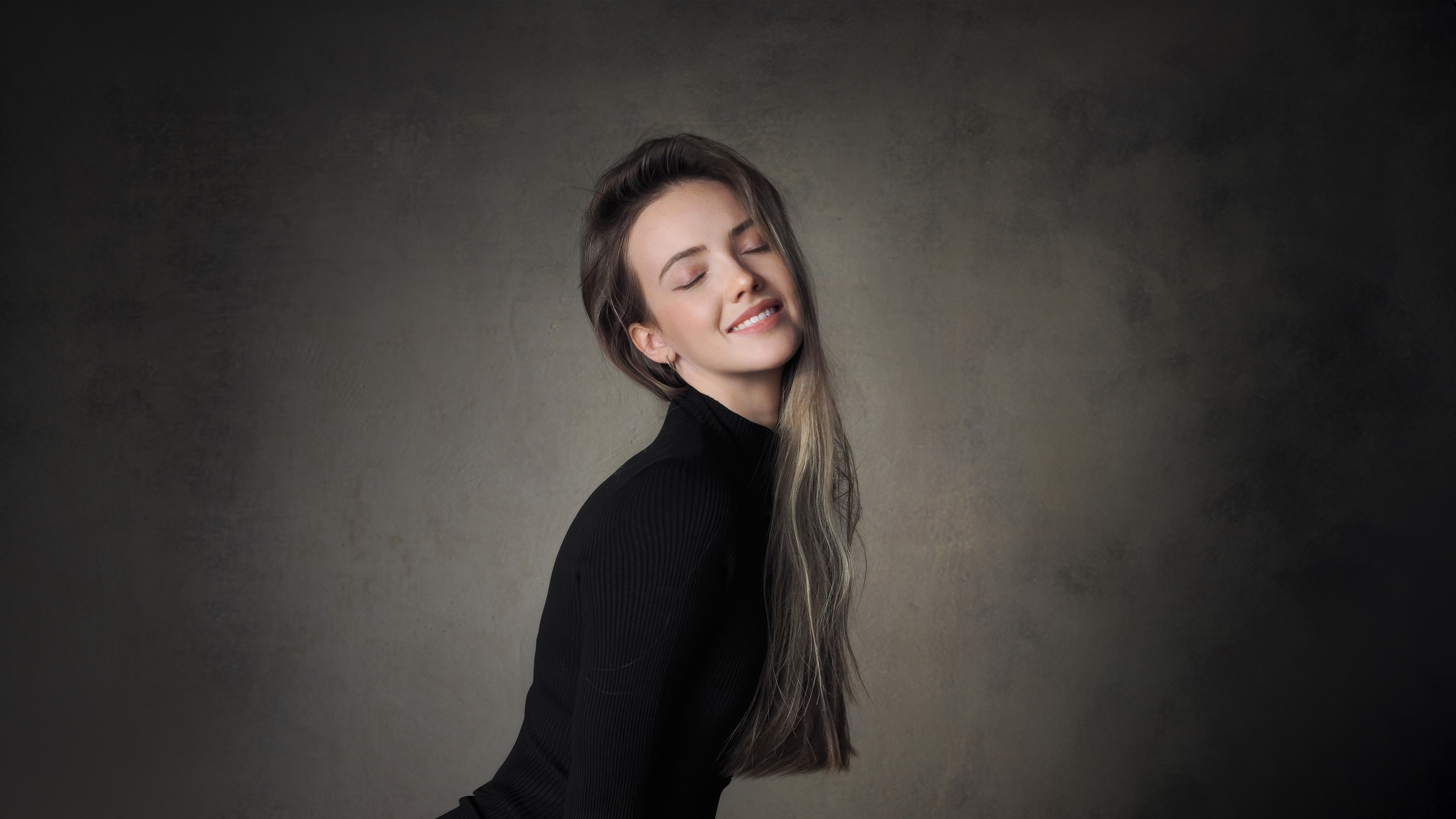 Cute girl with closed eyes wearing a black turtleneck HD Wallpaper