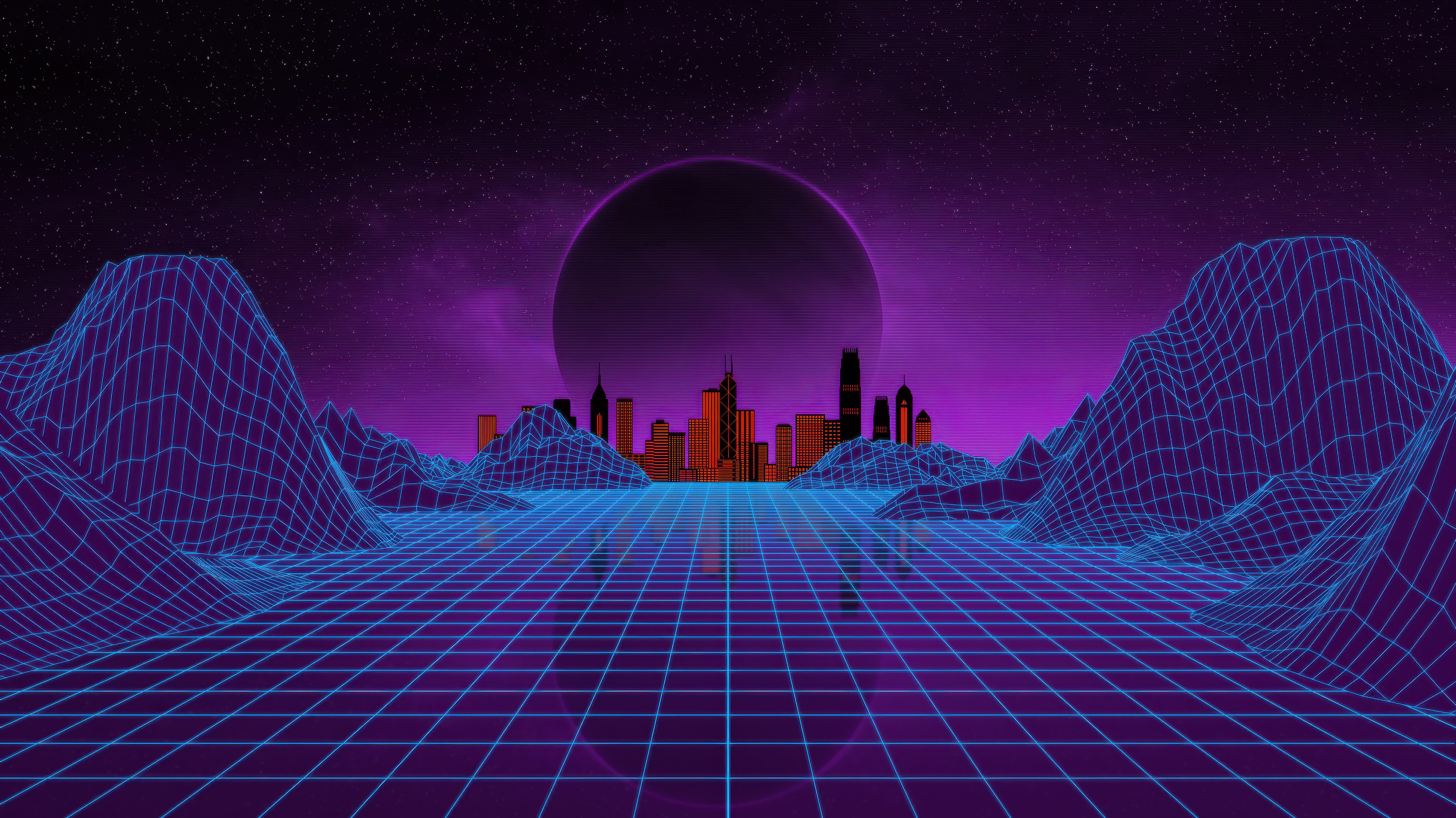 Retro Synthwave Cityscape with Grid Landscape HD Wallpaper