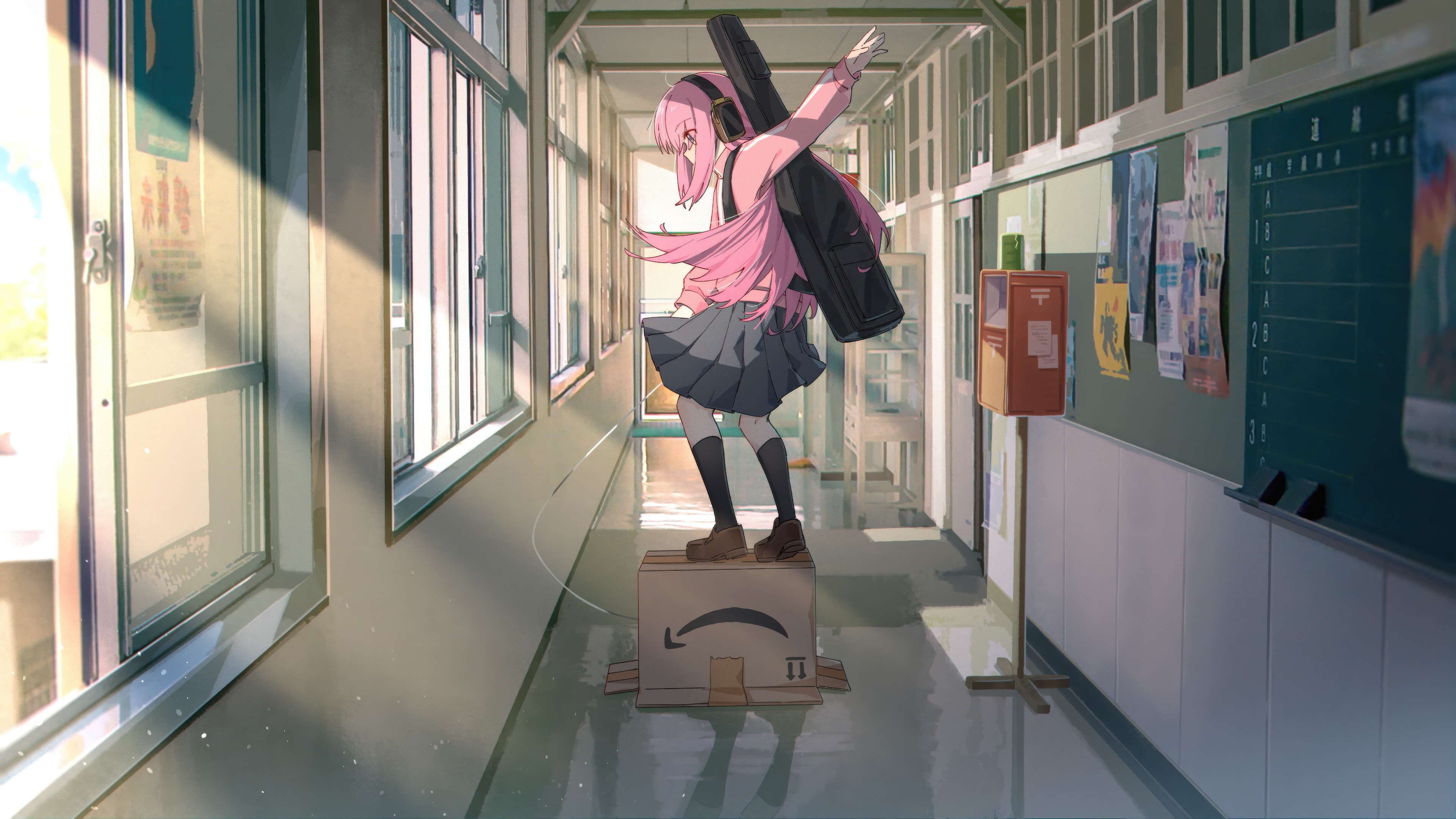 Bocchi the Rock! Hitori Gotoh in a School Hallway HD Wallpaper