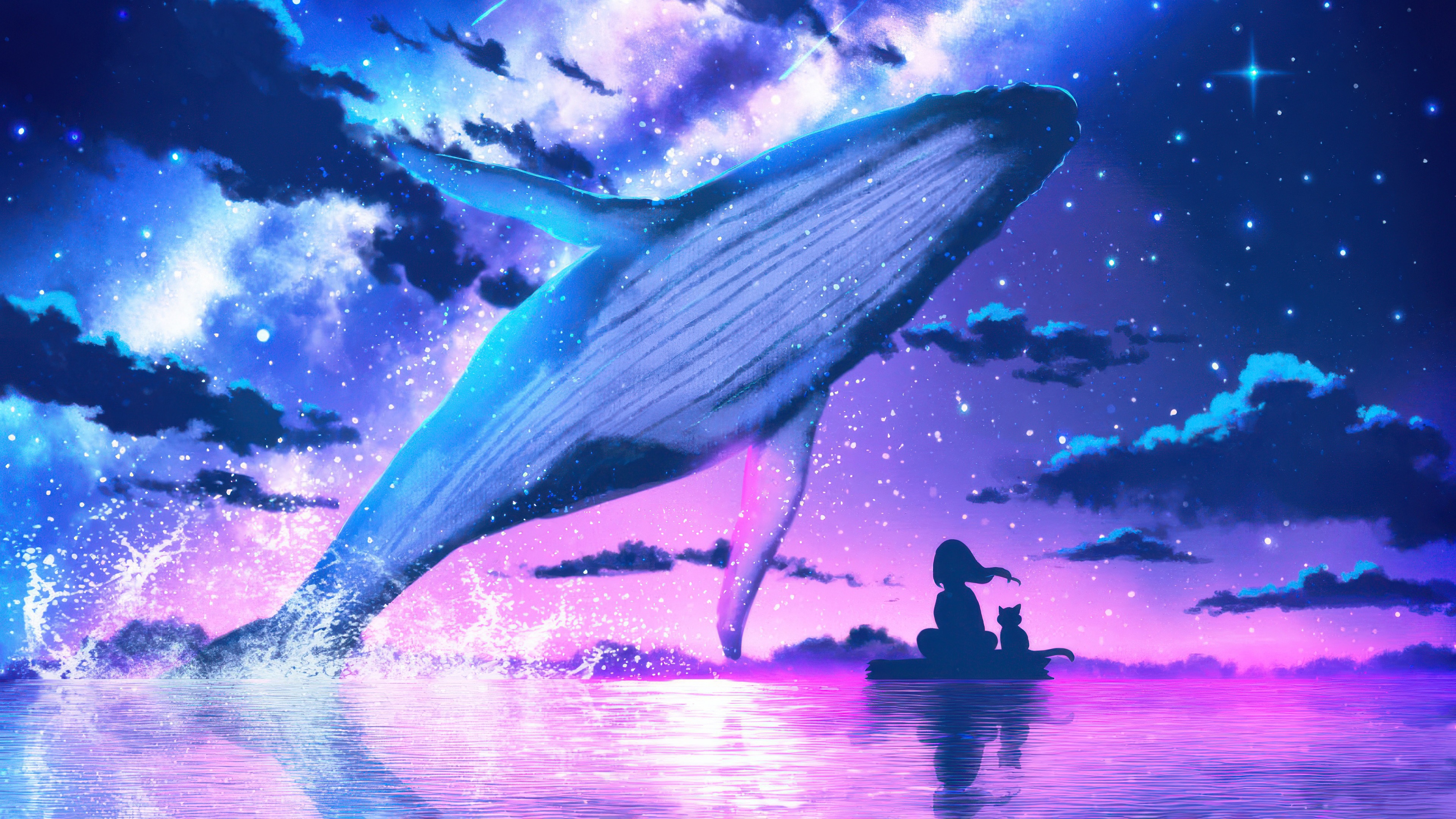 Anime Girl and Cat Watch Whale Jump in Starry Sky HD Wallpaper