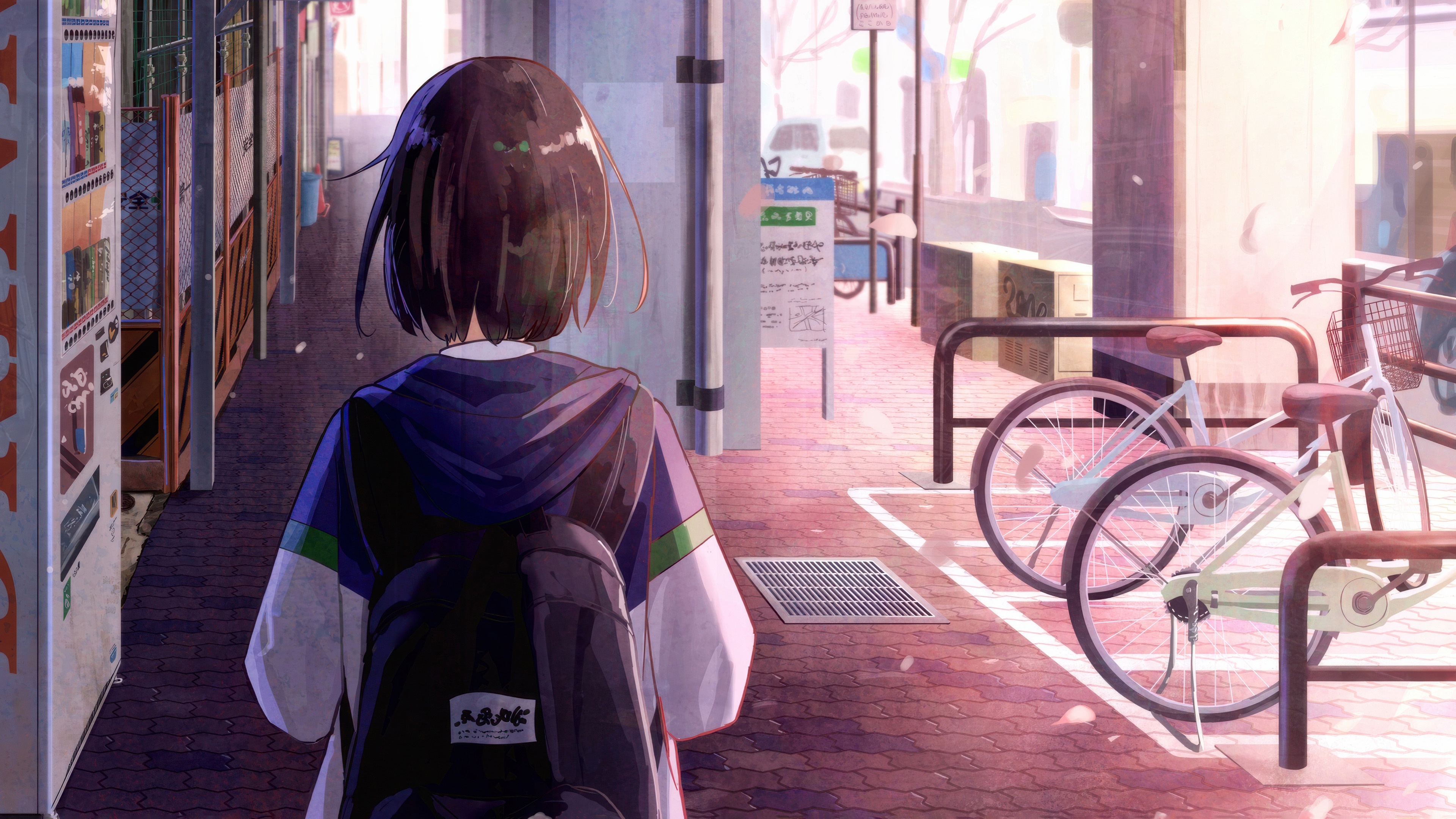 Anime girl with backpack walking down a street HD Wallpaper