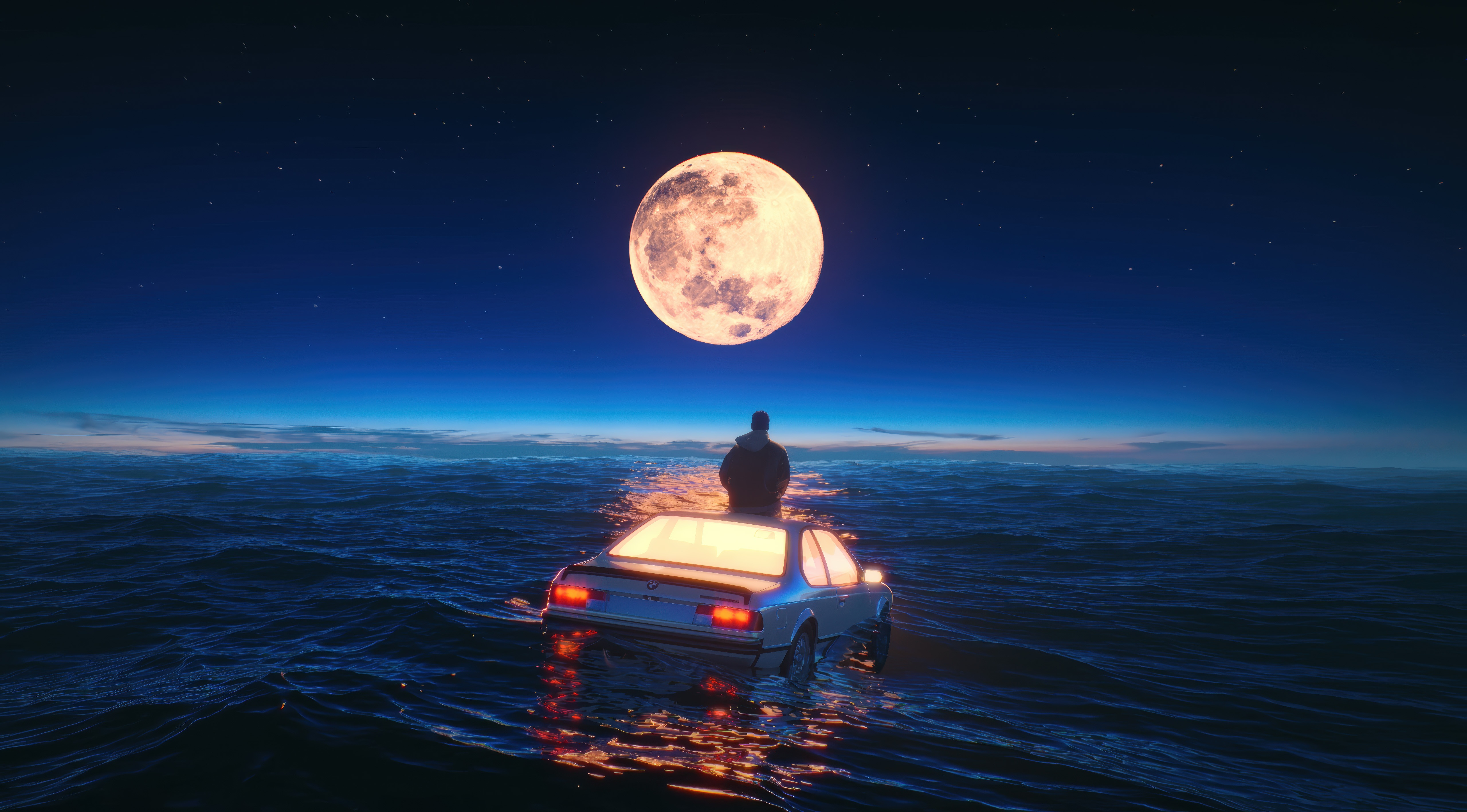 Man on car in ocean under moon HD Wallpaper