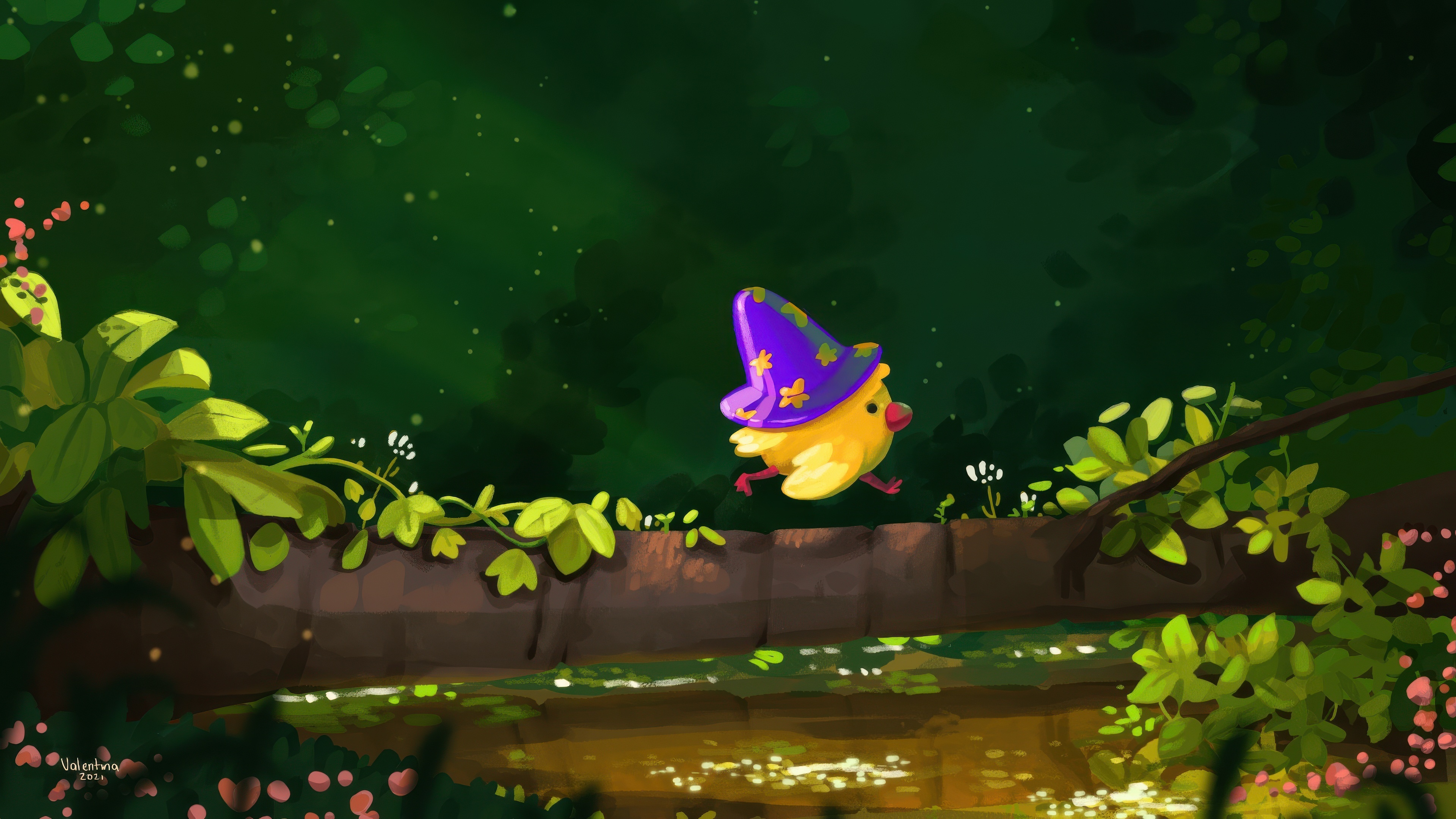 Wizard Chick Walks on a Log in the Woods HD Wallpaper