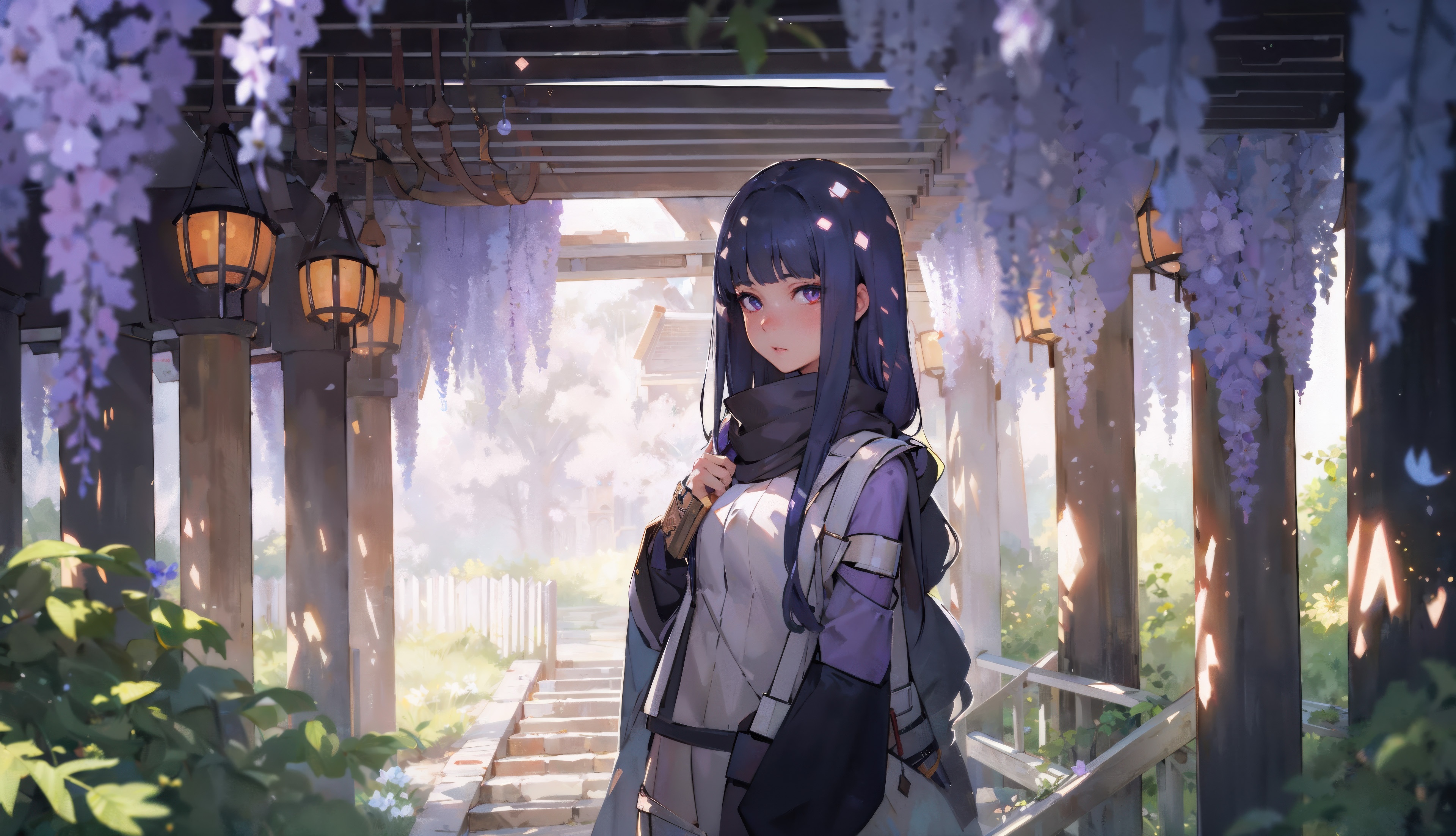 Hinata Hyuga in a Wisteria Garden HD Wallpaper