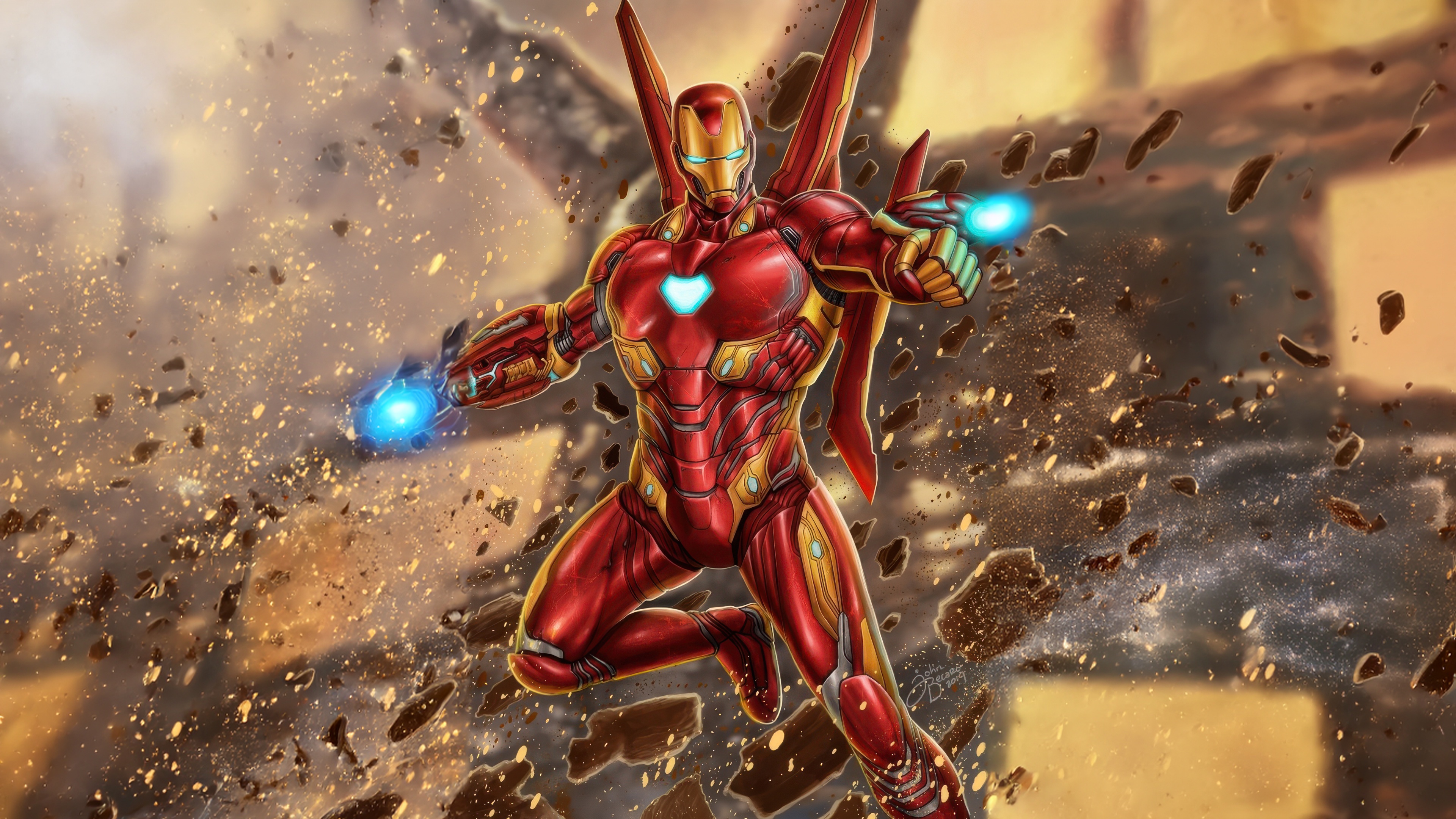 Iron Man in Action Amidst Debris HD Wallpaper