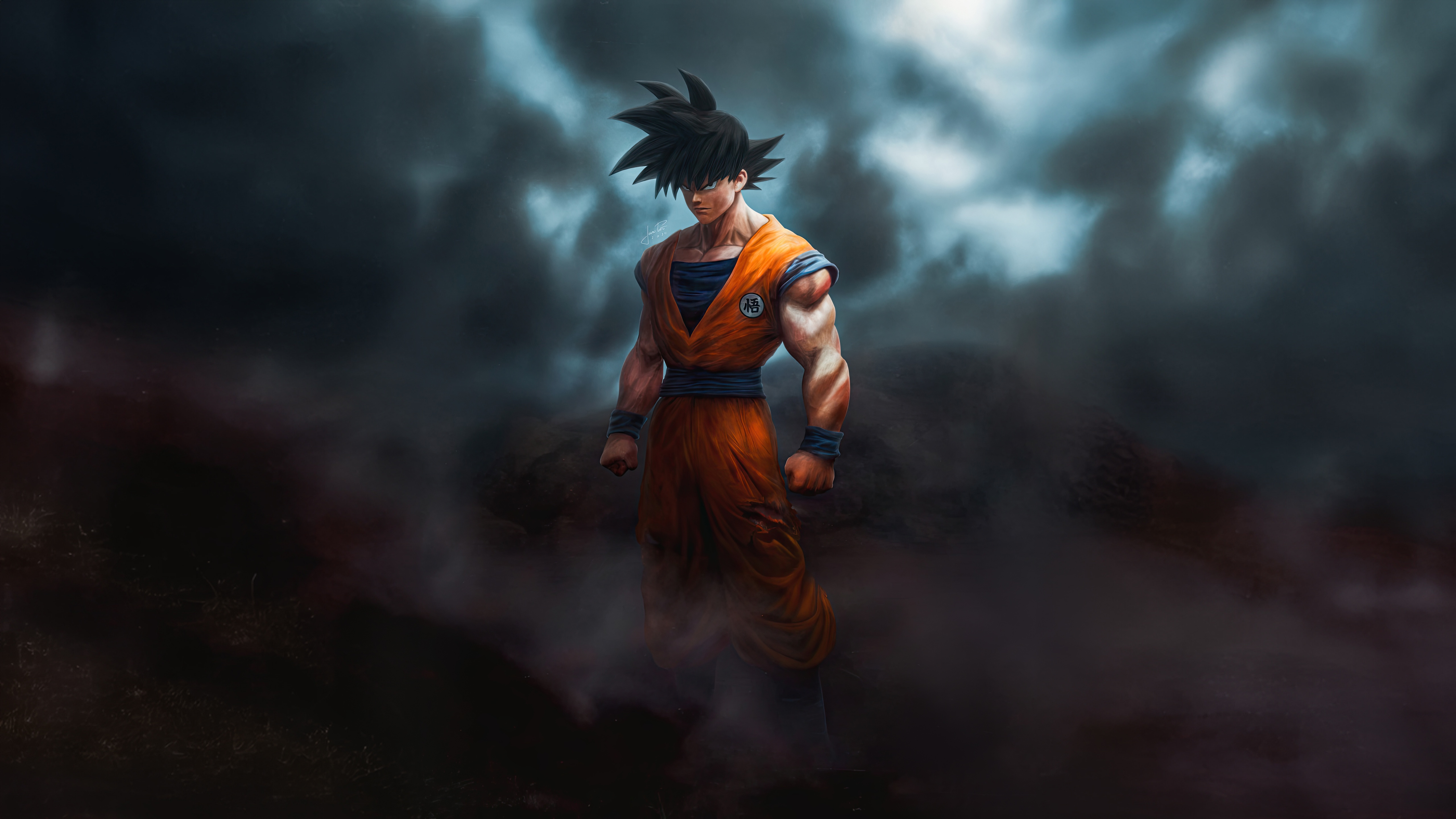 Goku in orange gi with dark clouds HD Wallpaper