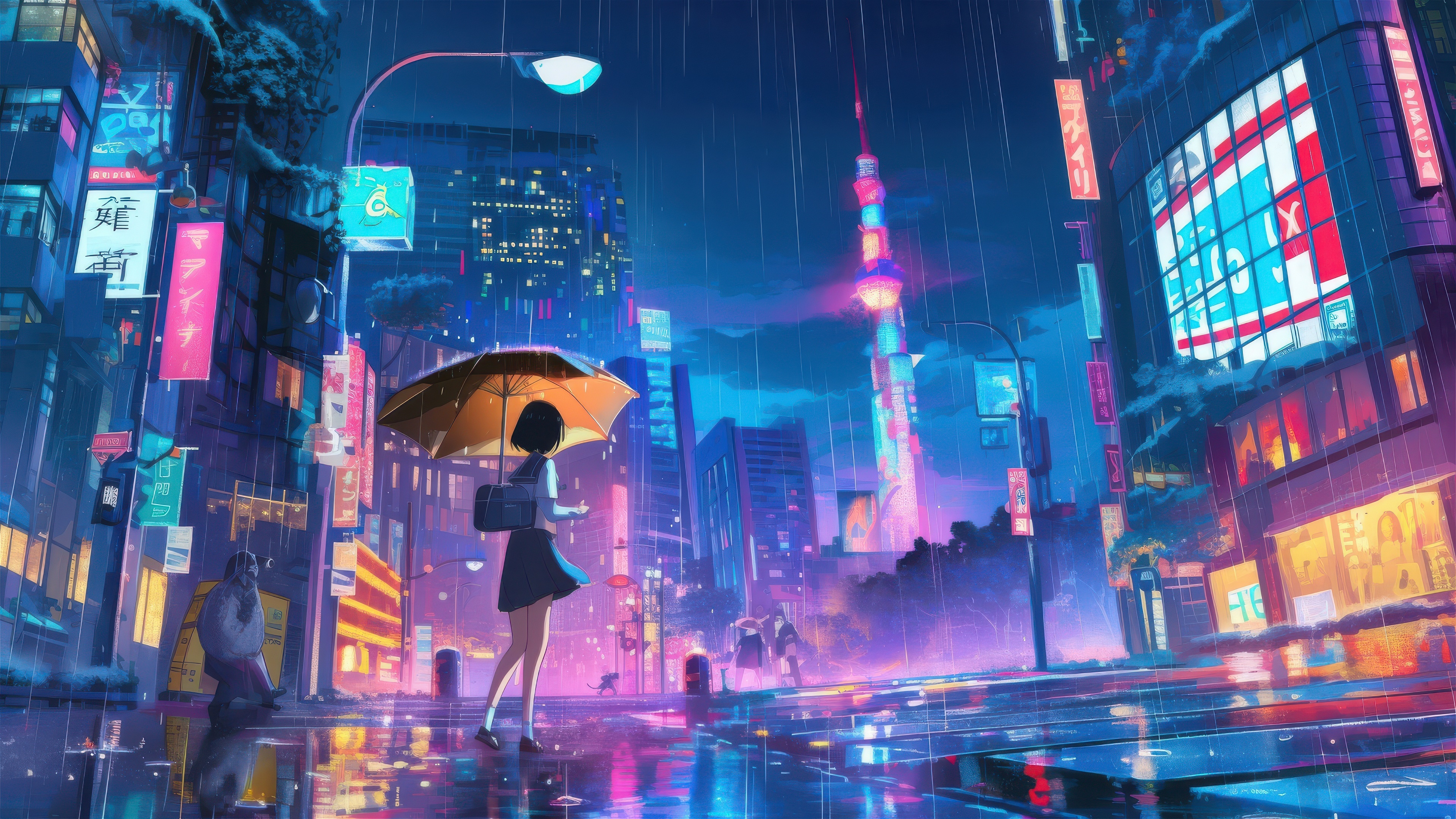 Anime girl with umbrella crossing a rainy street at night HD Wallpaper