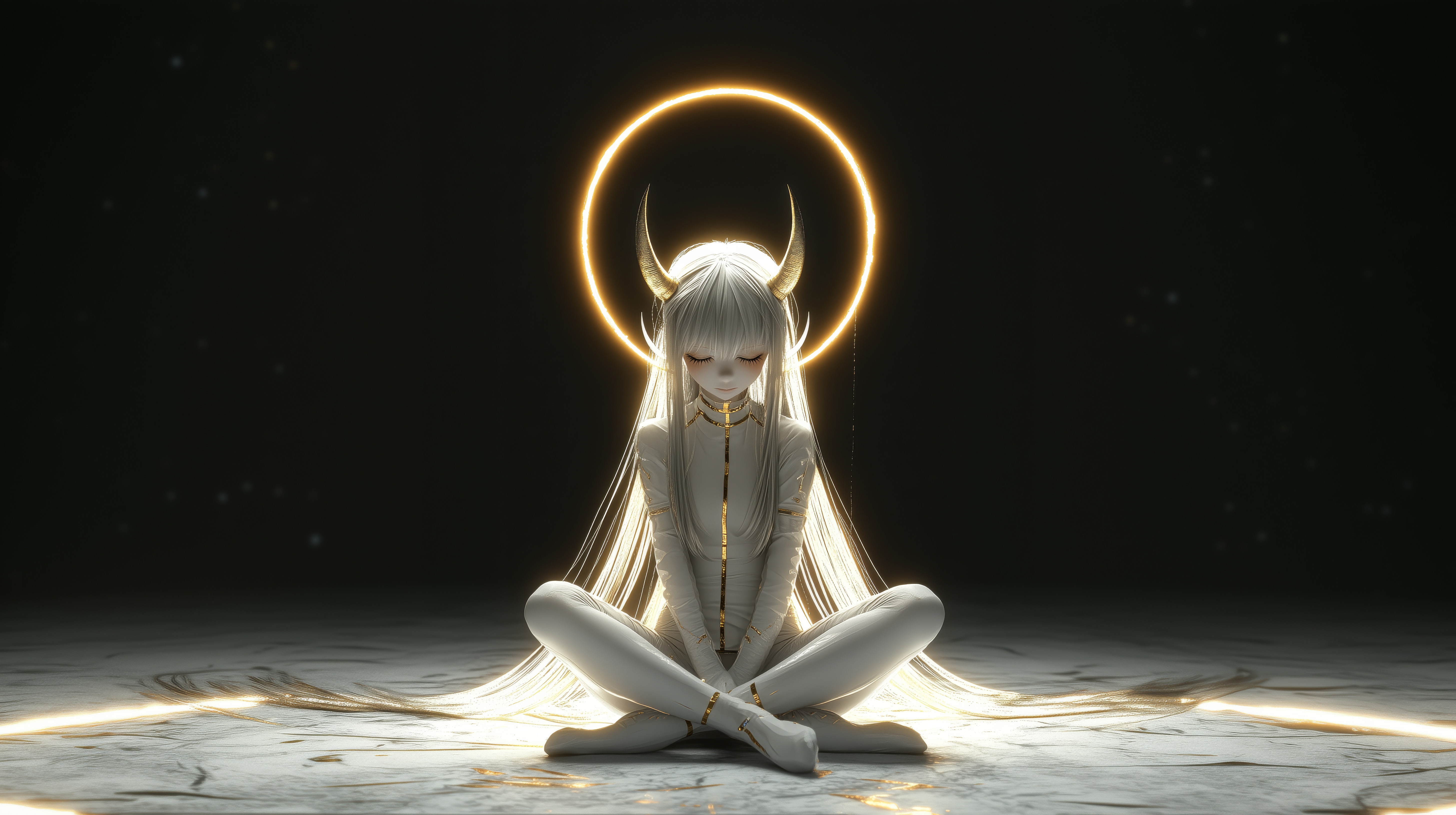 Anime girl with horns meditating with a golden halo HD Wallpaper