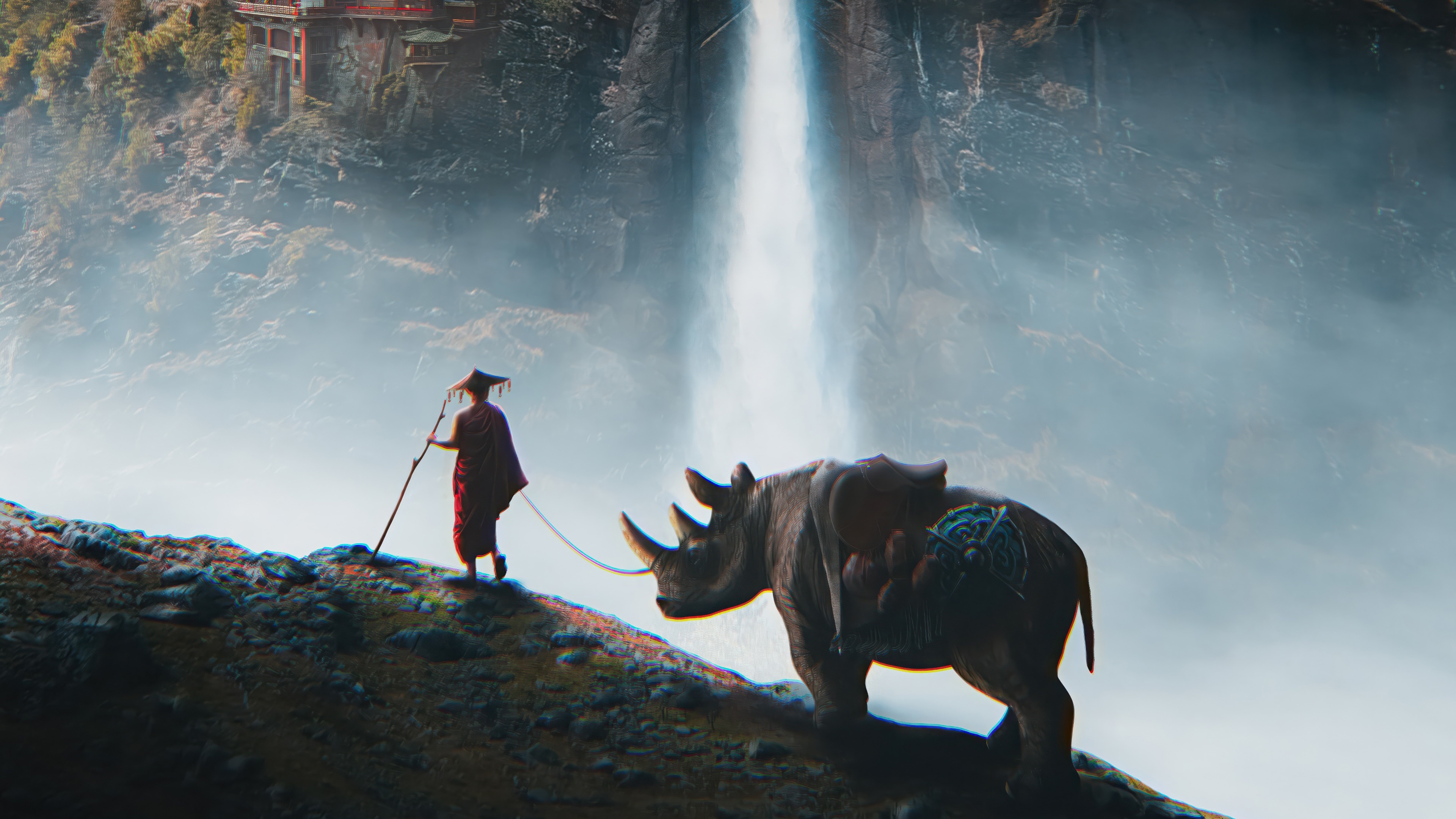 Monk and Rhino Journey to Mystic Peaks HD Wallpaper