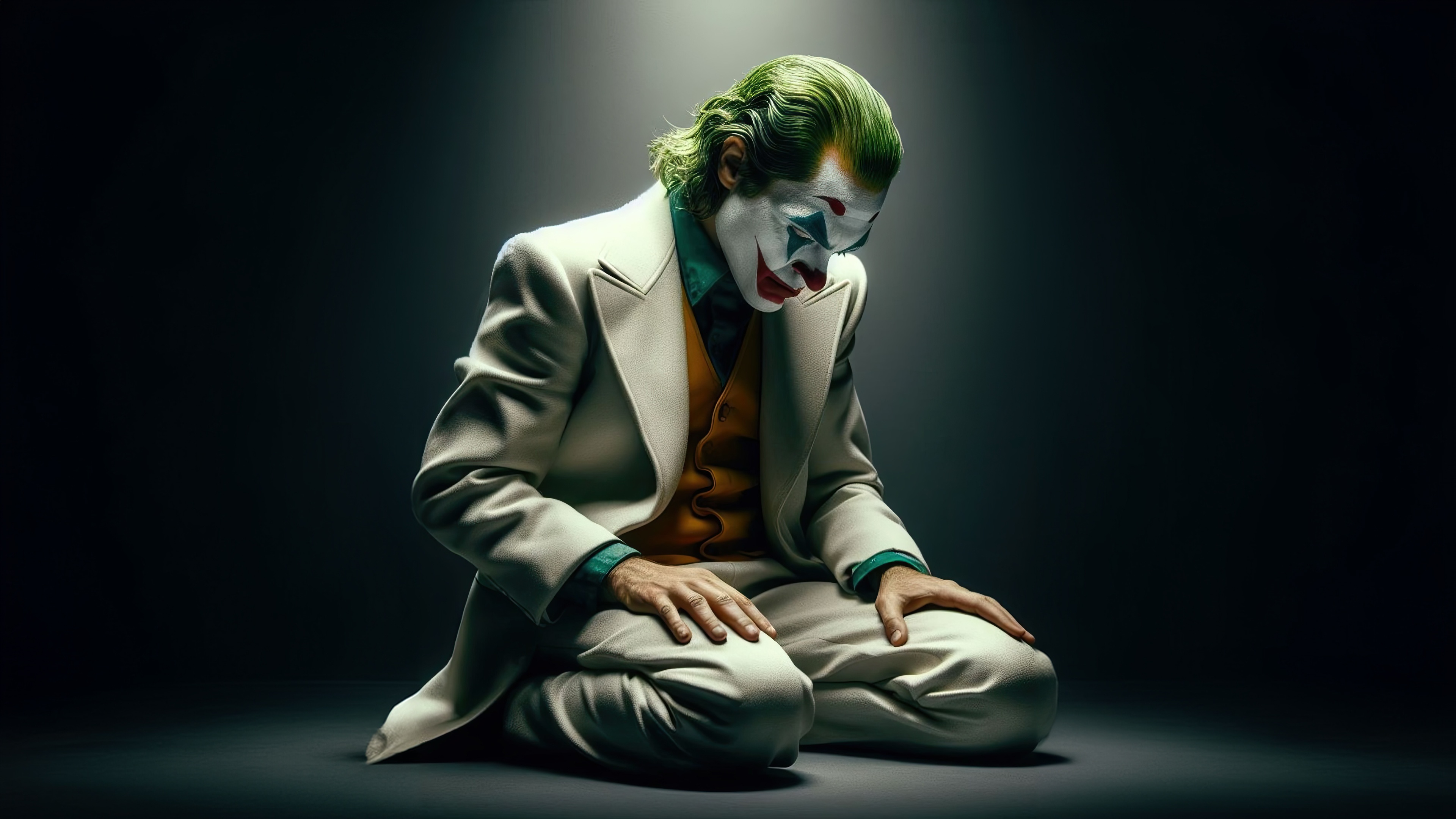 Joker in a white suit kneeling HD Wallpaper