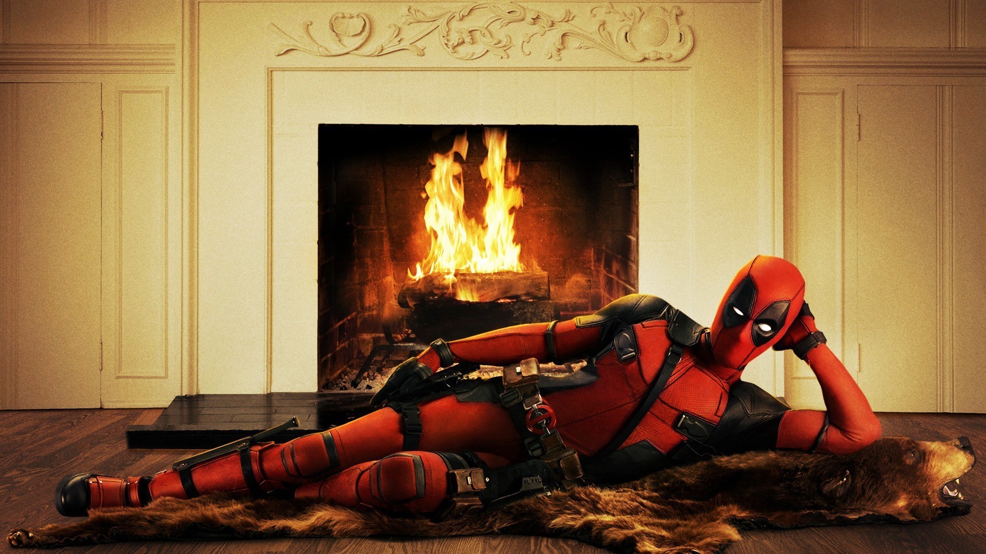 Deadpool posing by a fireplace HD Wallpaper