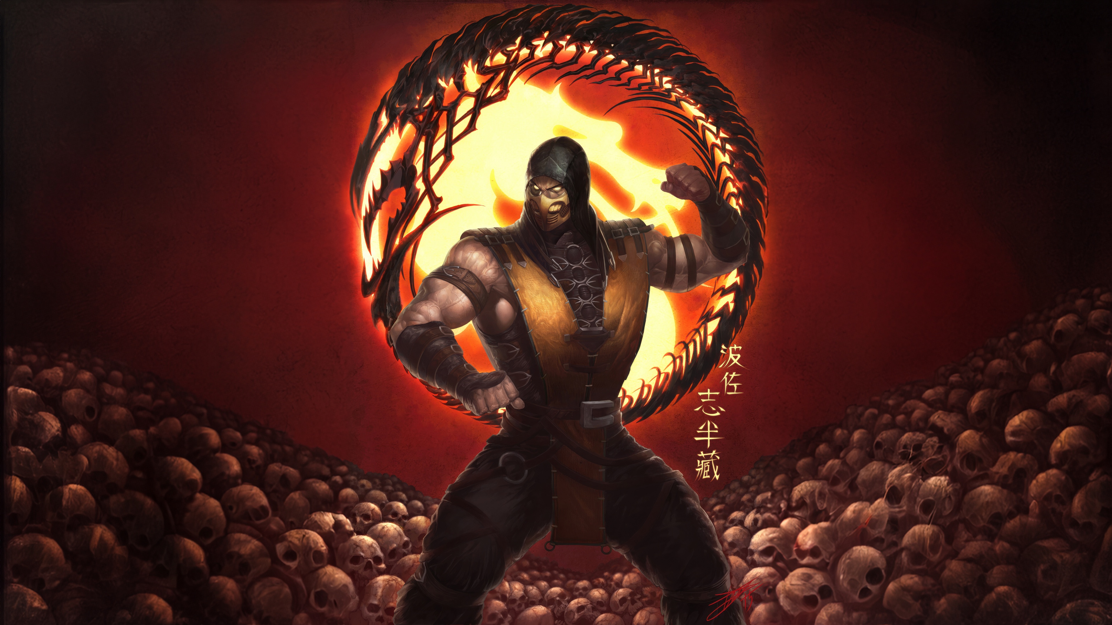 Scorpion from Mortal Kombat surrounded by skulls HD Wallpaper