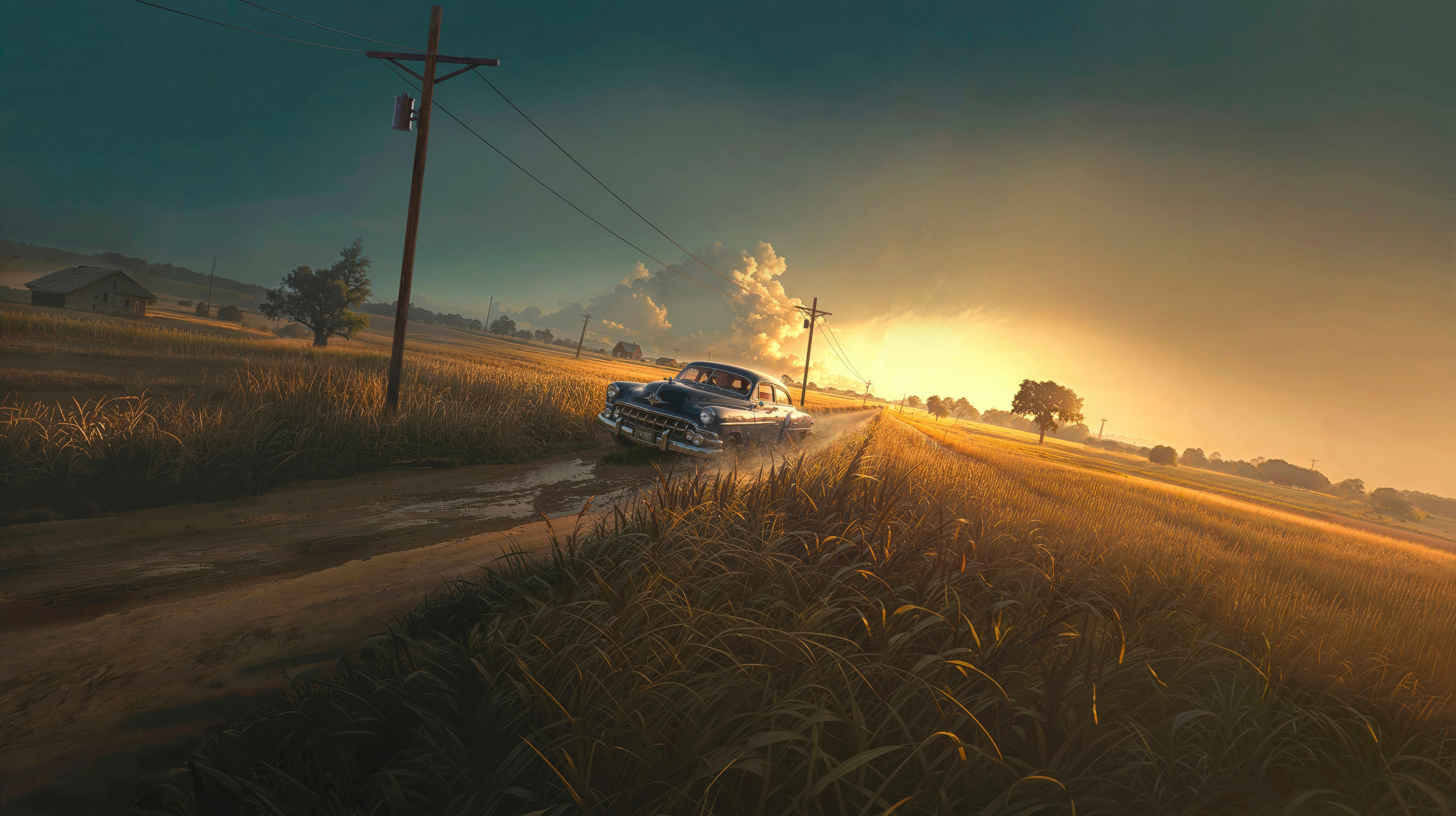 A vintage car drives down a dirt road at sunset HD Wallpaper