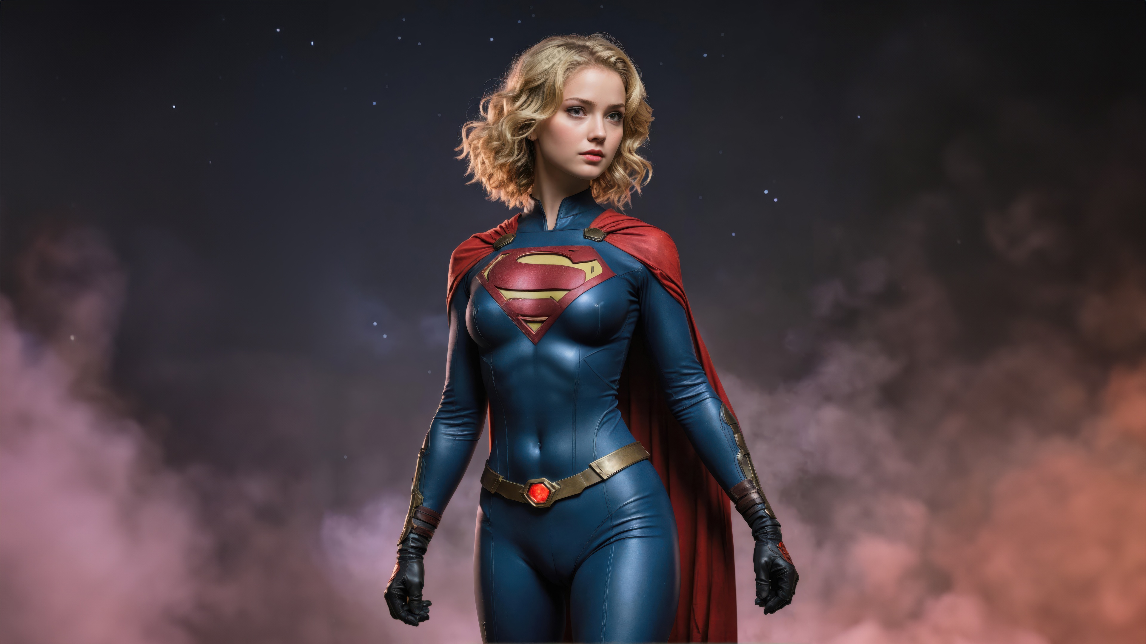 Supergirl in a blue and red costume HD Wallpaper