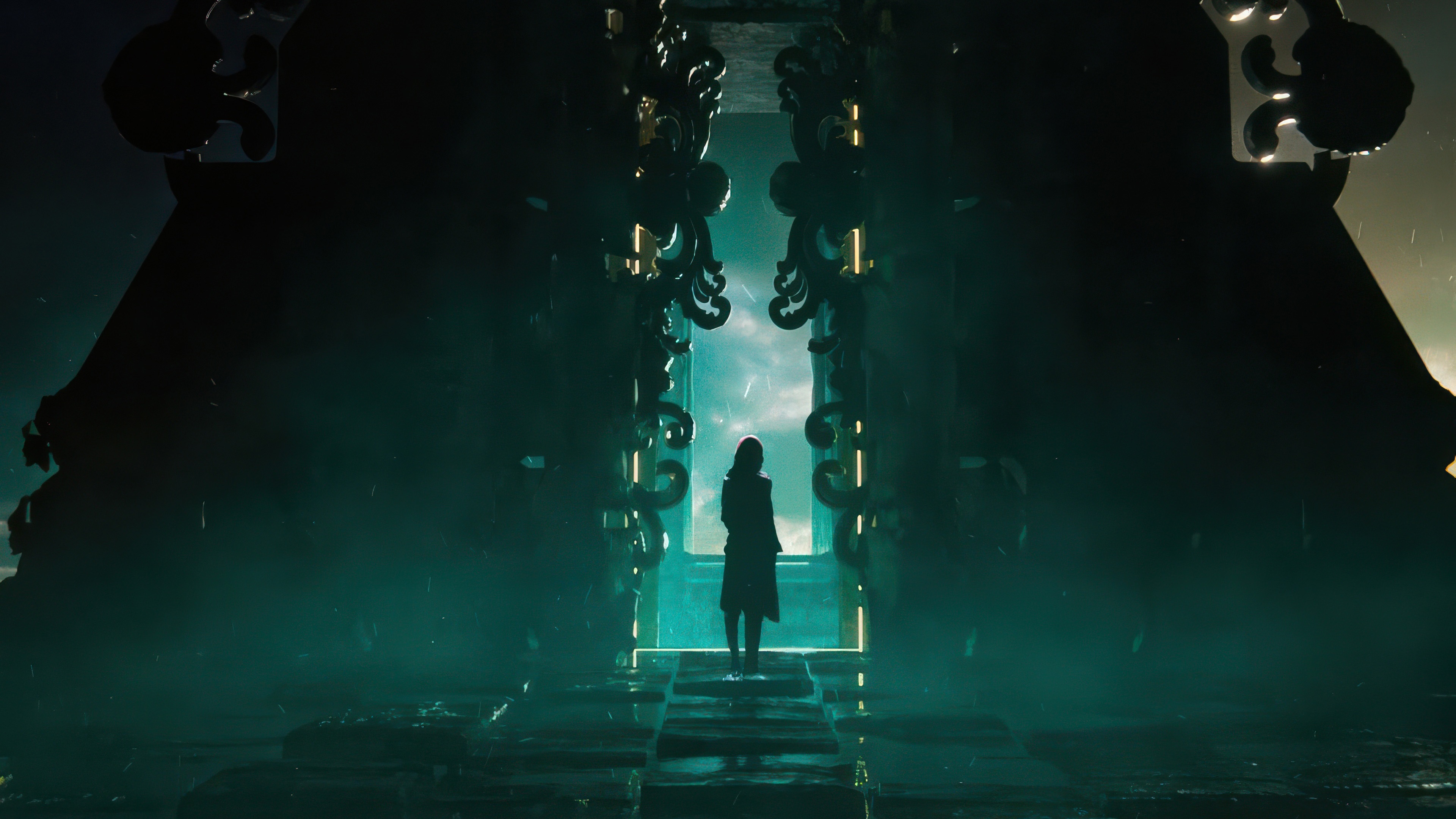 A lone figure stands before a colossal, ornate doorway. HD Wallpaper
