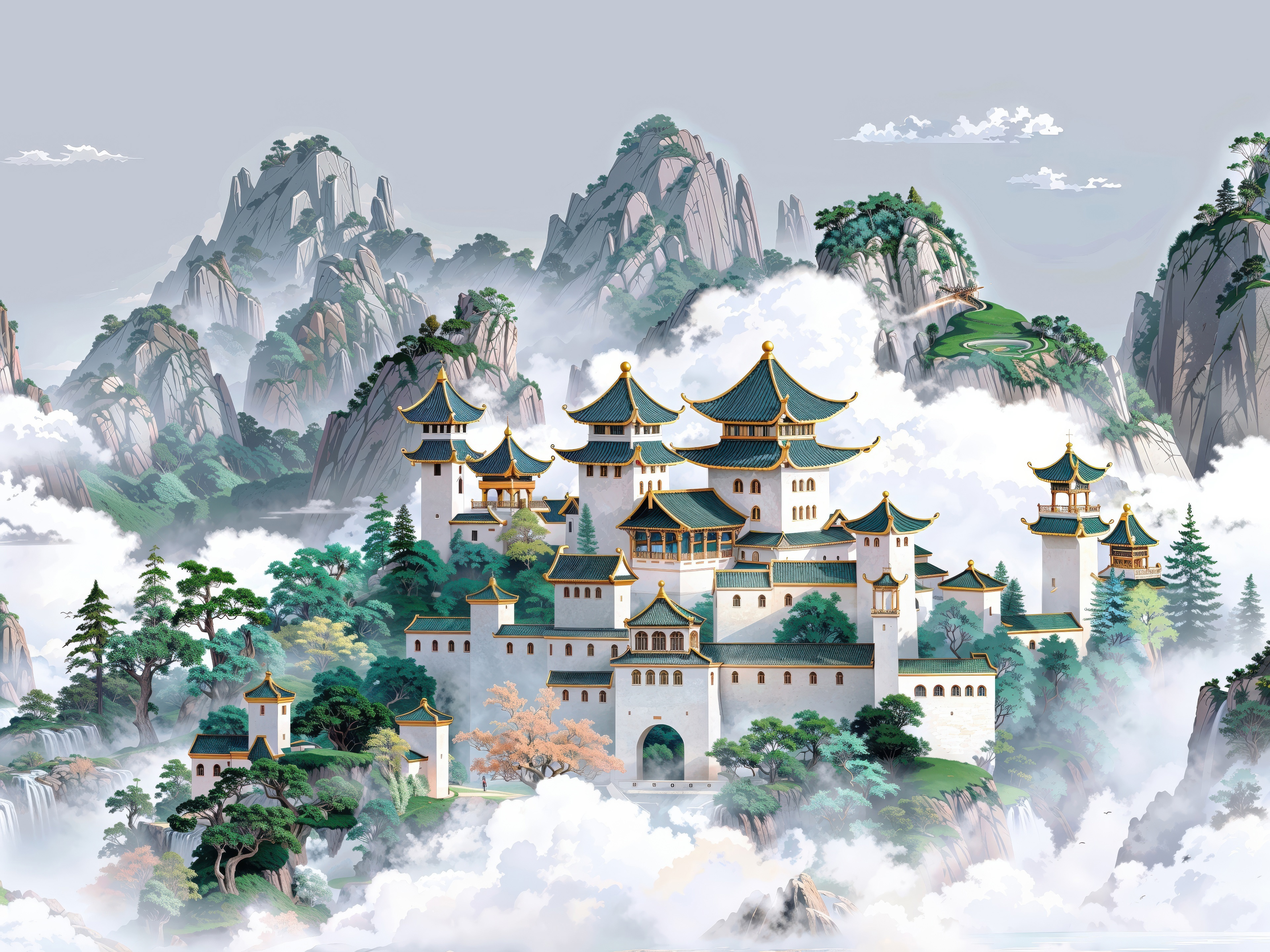 A majestic castle nestled in misty mountains HD Wallpaper