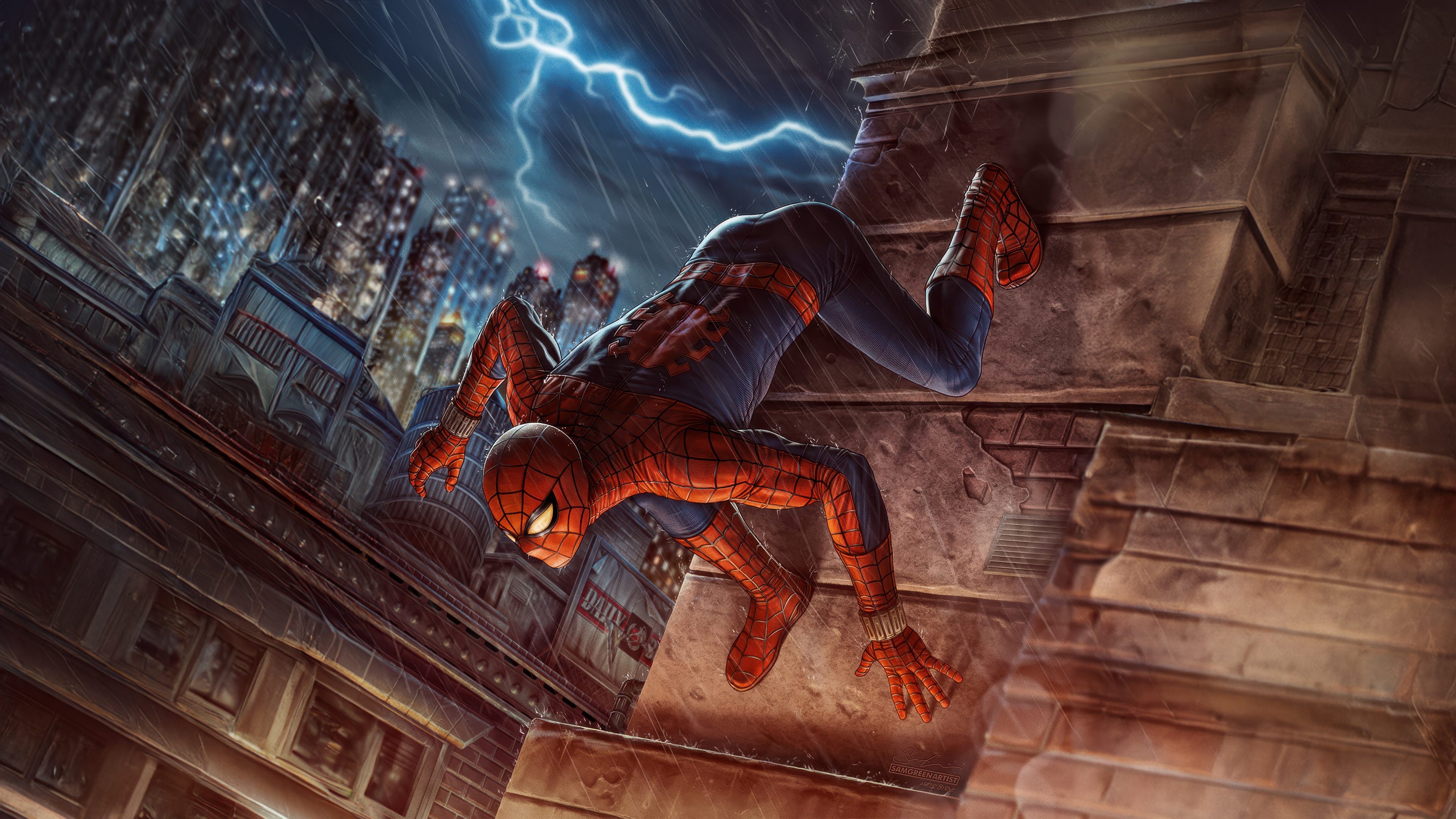 Spider-Man climbing on a building during a thunderstorm HD Wallpaper