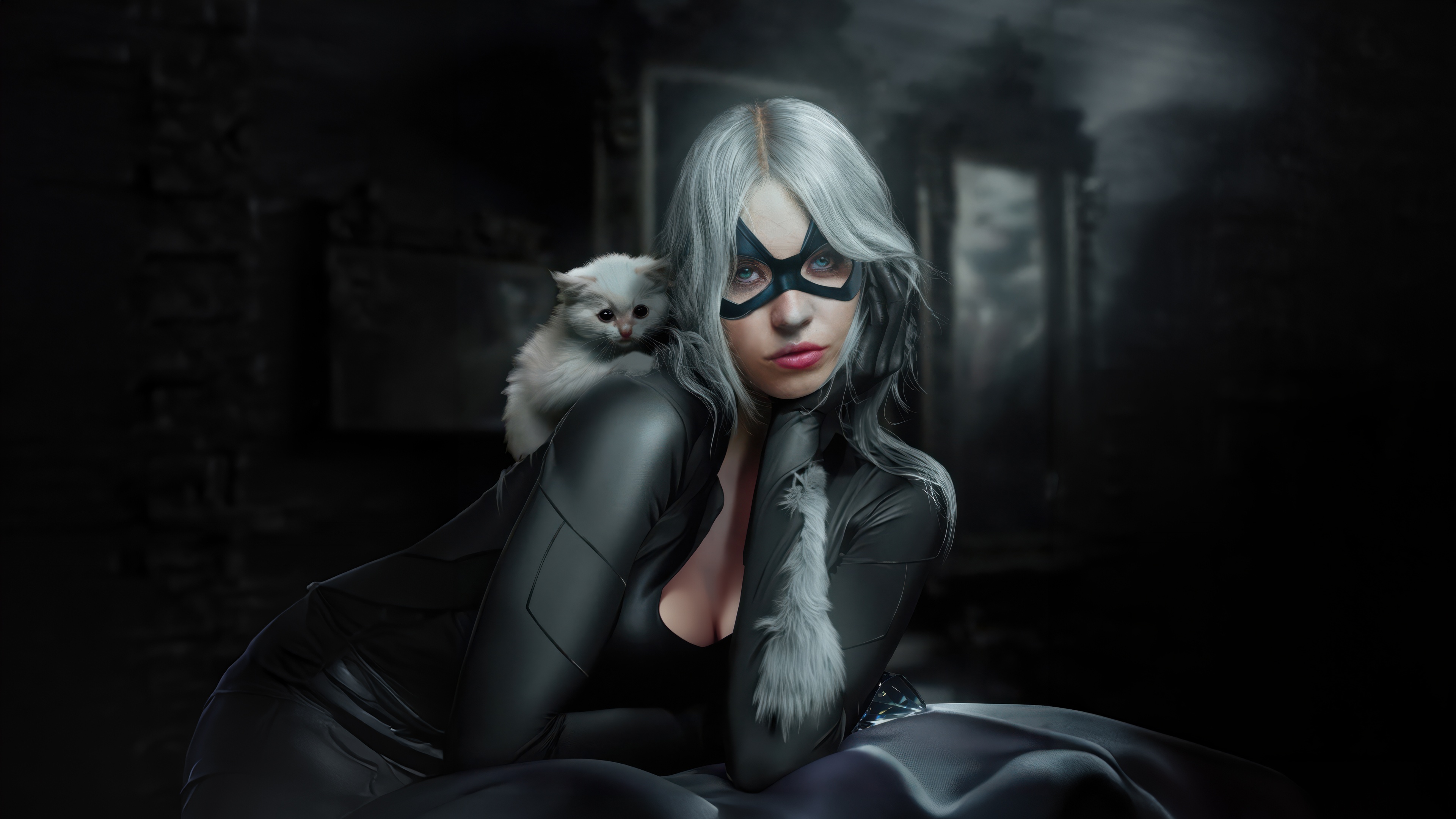 Black Cat with a white kitten HD Wallpaper