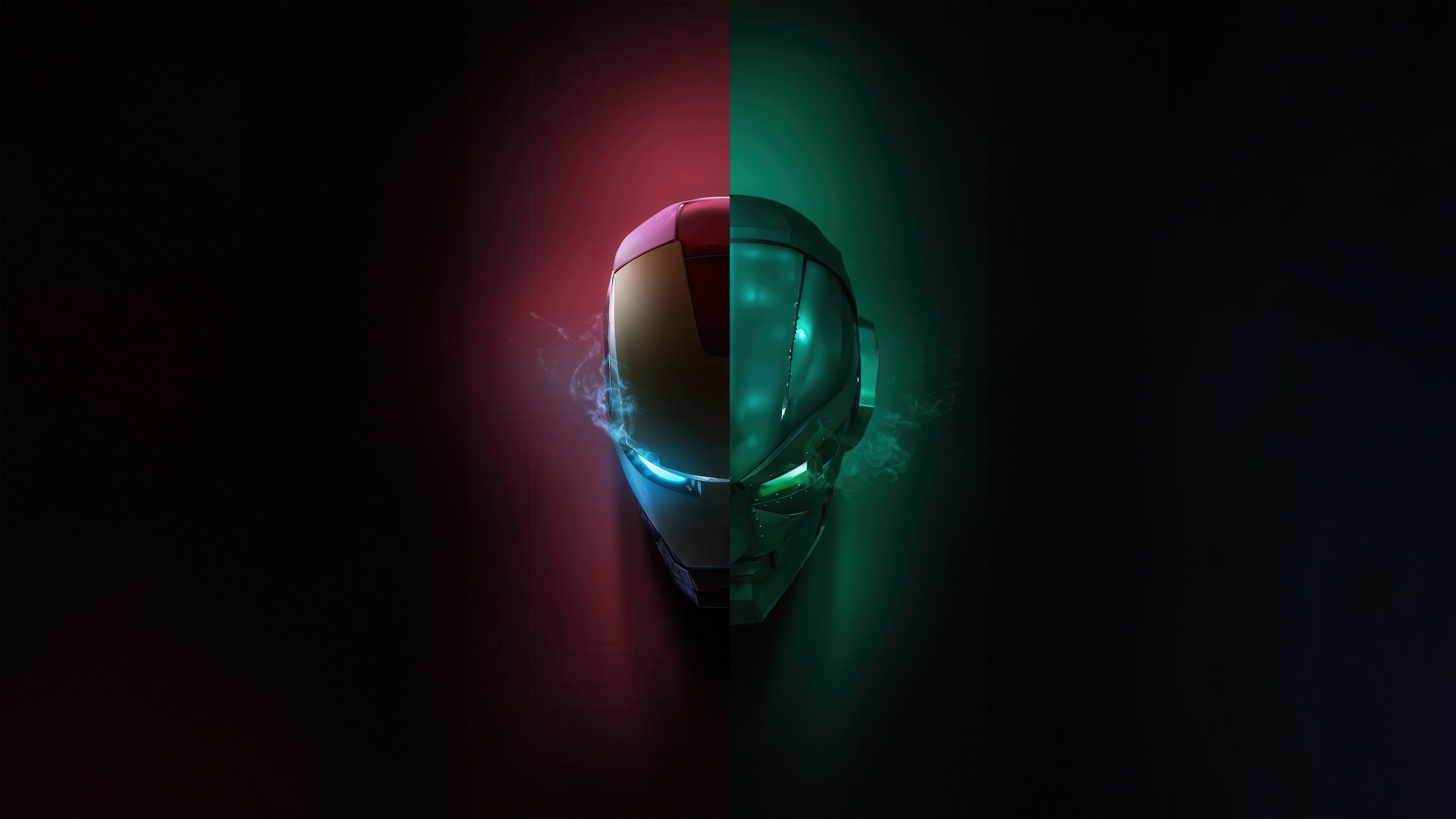 Iron Man mask split between red and green lighting HD Wallpaper