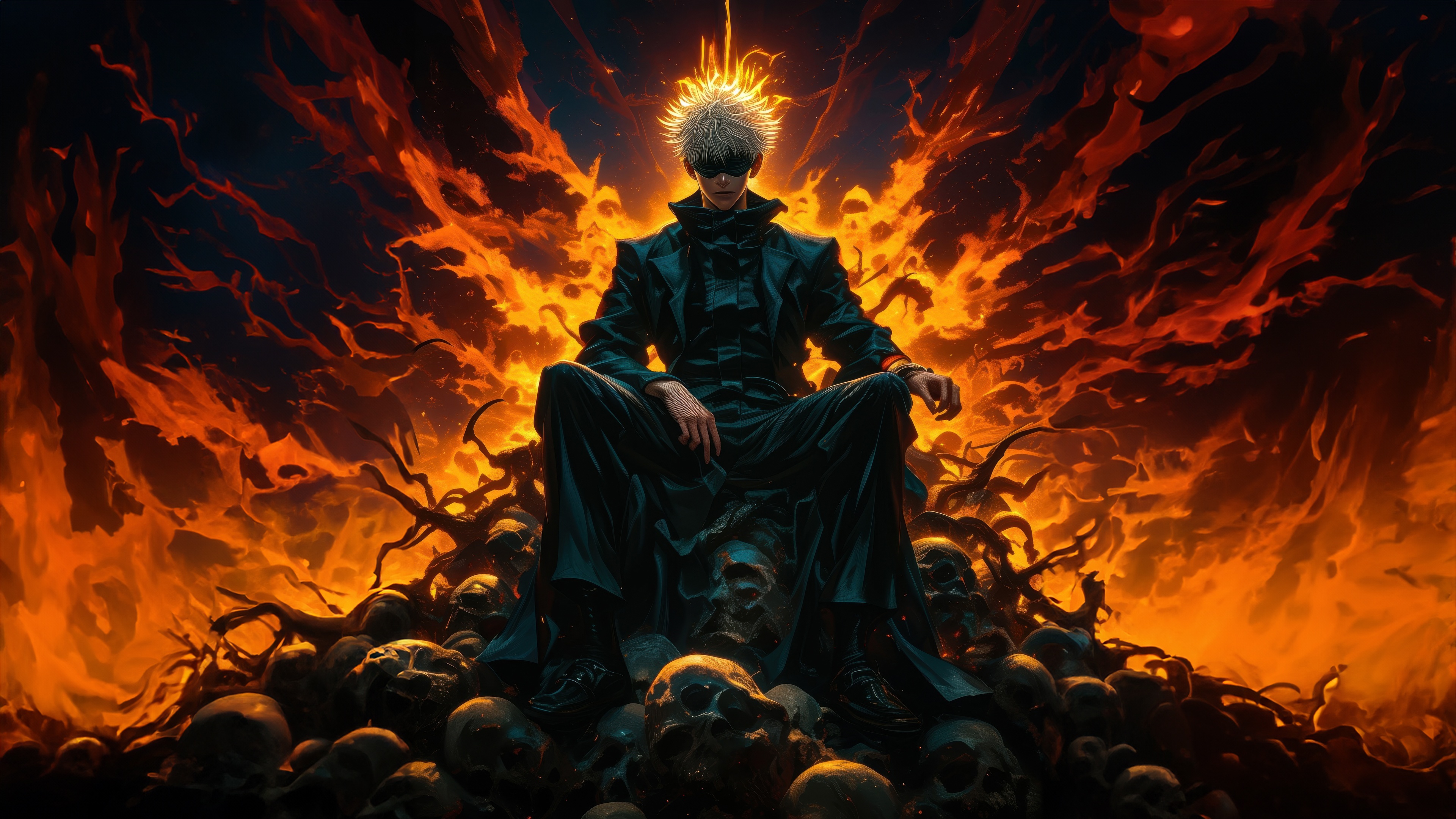 Gojo Satoru on a Throne of Skulls HD Wallpaper