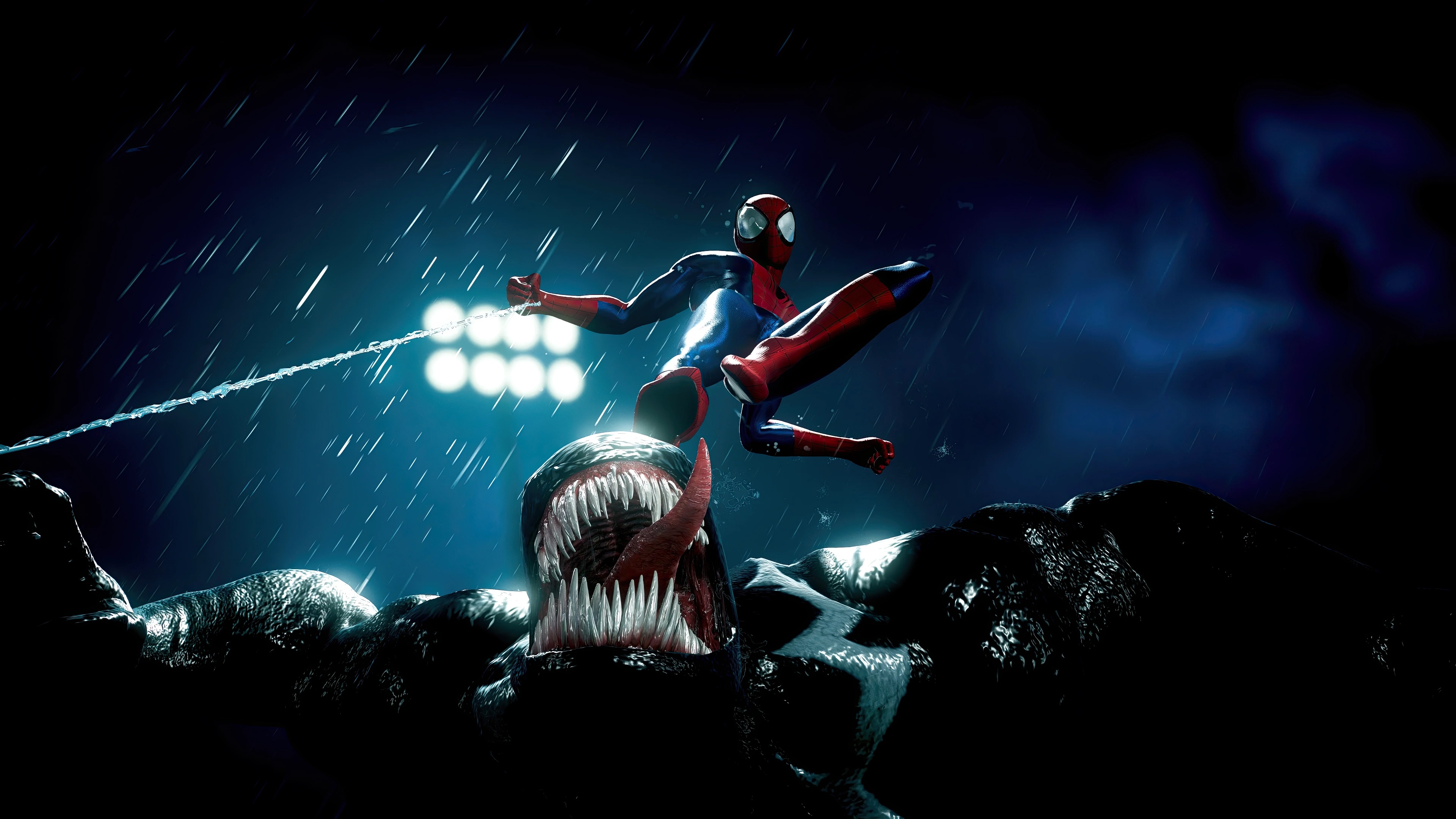 Spider-Man fighting Venom in the rain HD Wallpaper