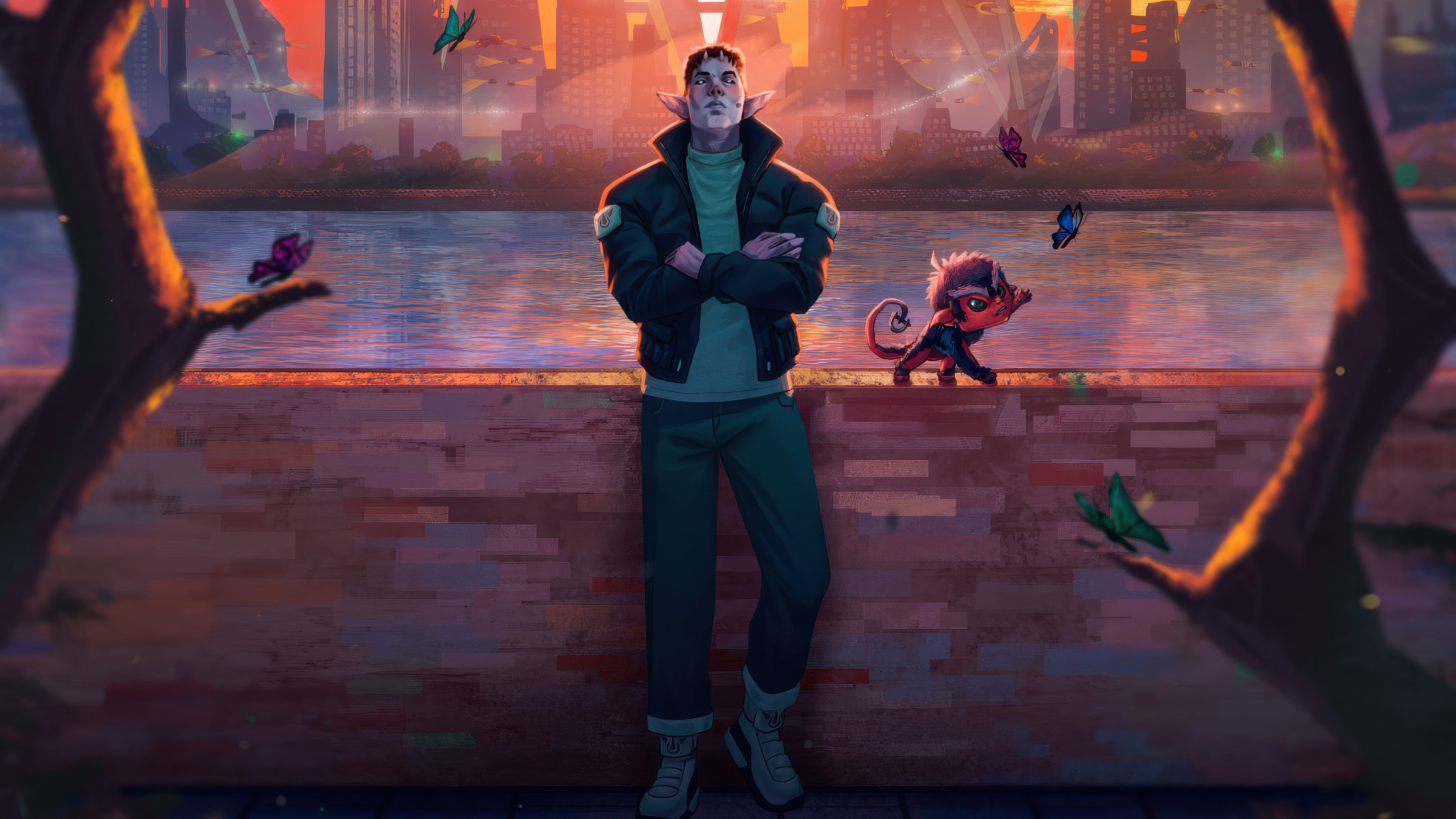 Character and creature by a river with city skyline HD Wallpaper