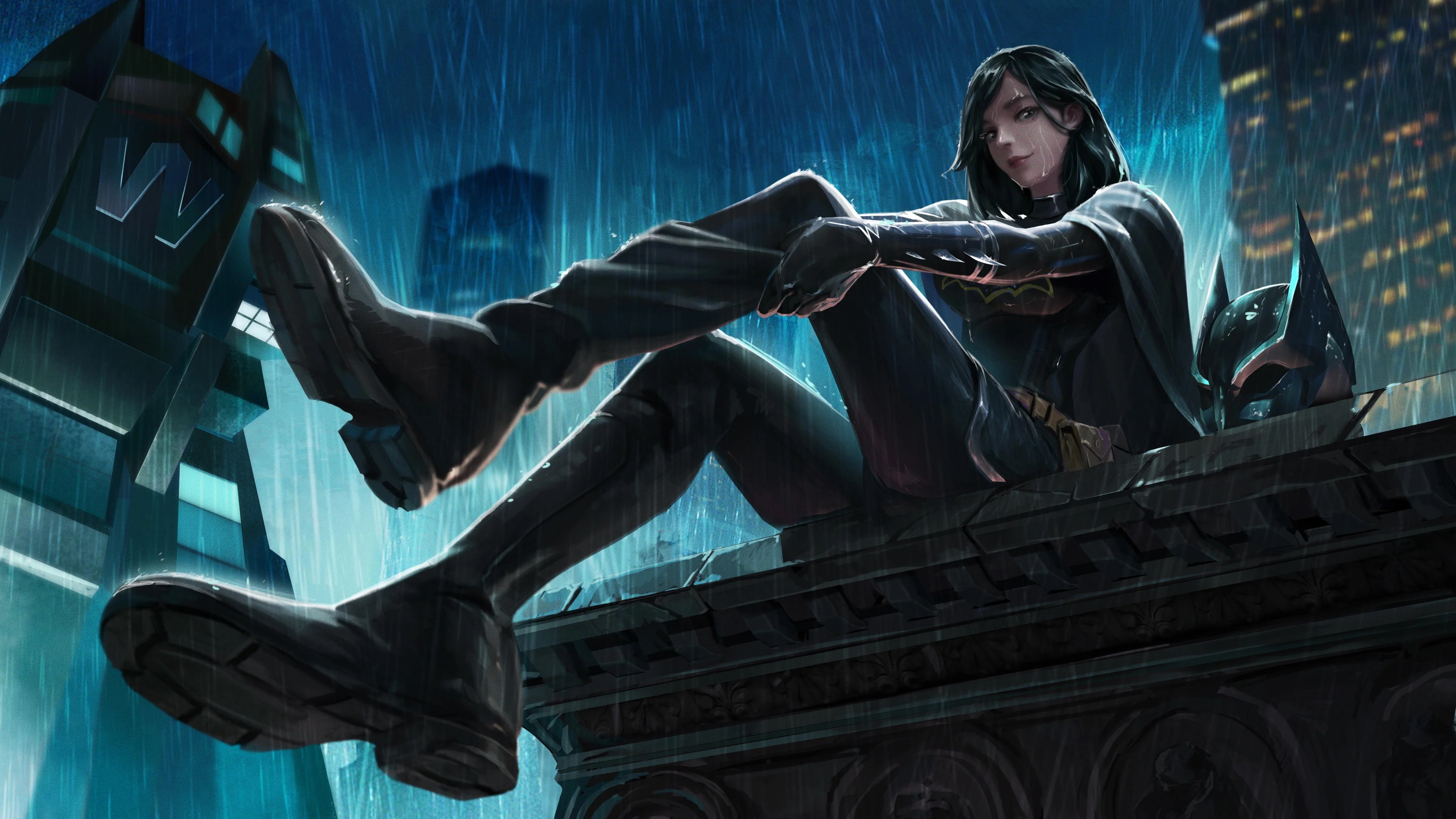 Batgirl sits on a rooftop in the rain HD Wallpaper