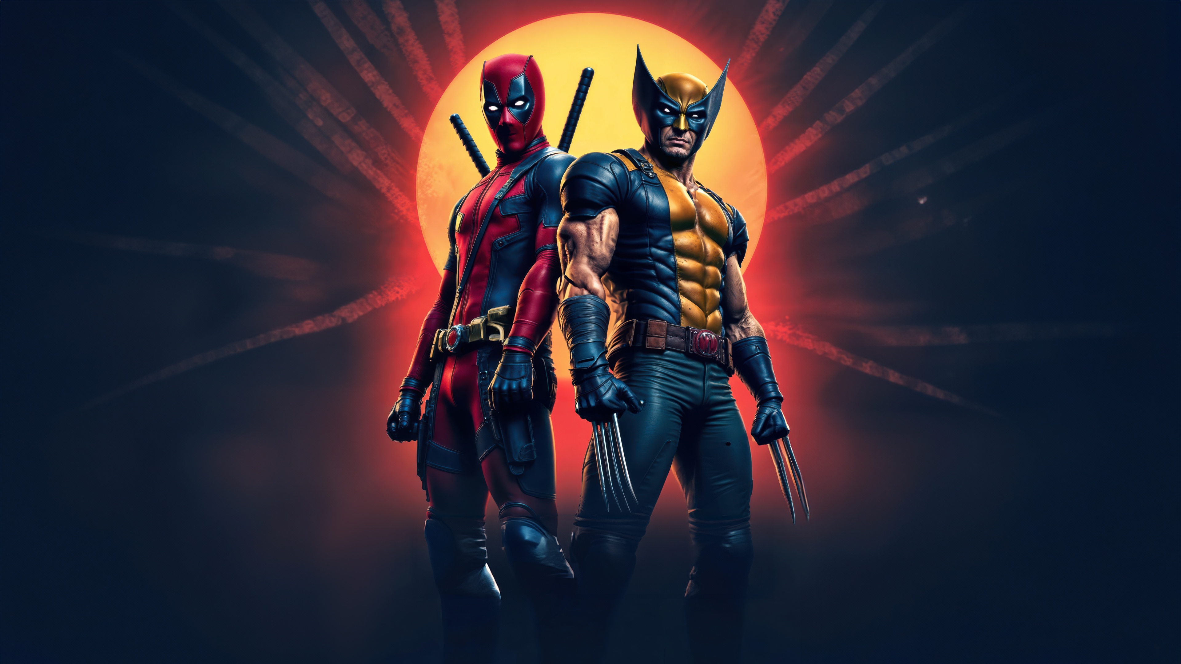Deadpool and Wolverine in front of a red sun HD Wallpaper