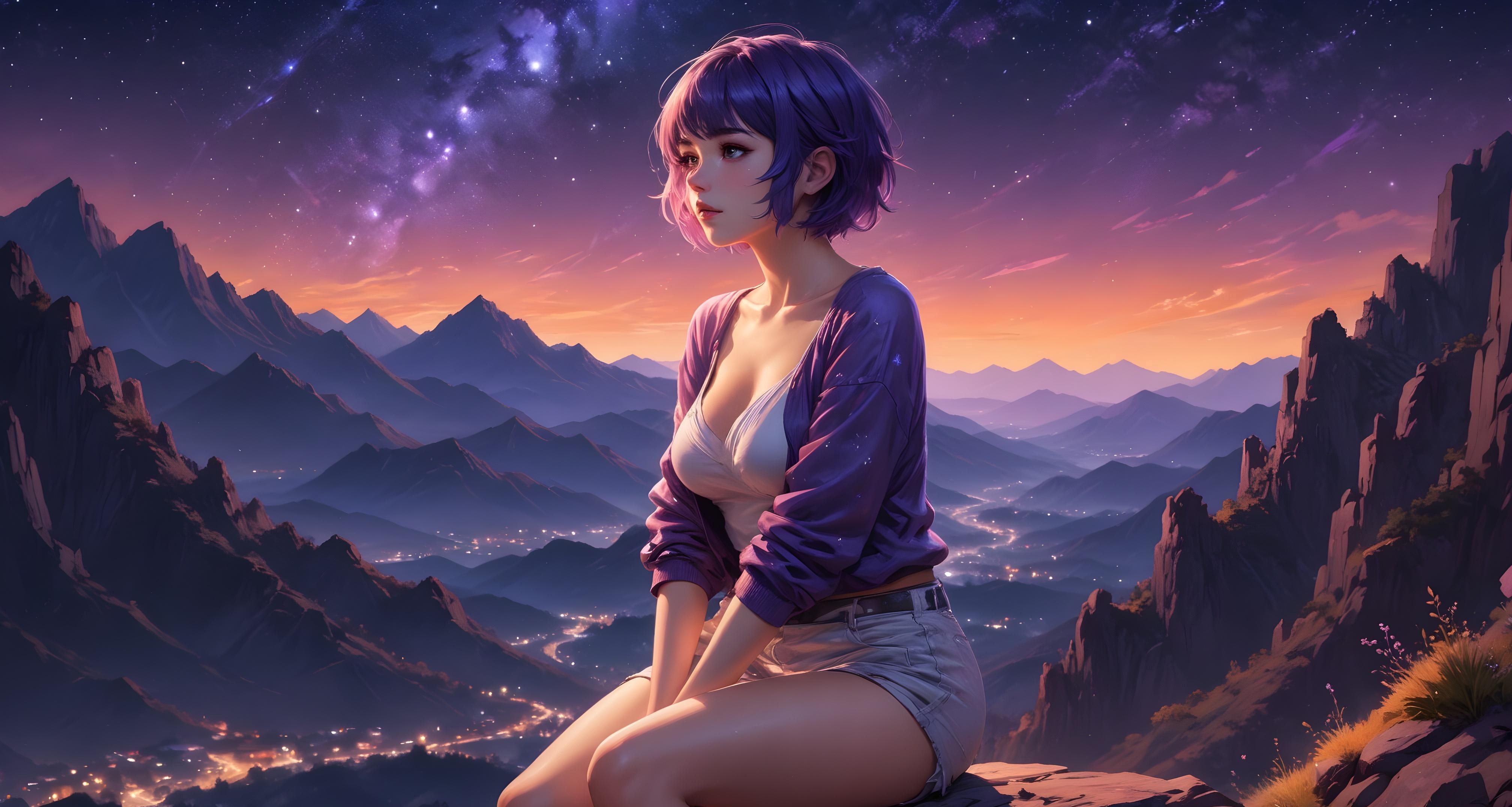 Anime Girl on Mountain Vista at Night HD Wallpaper