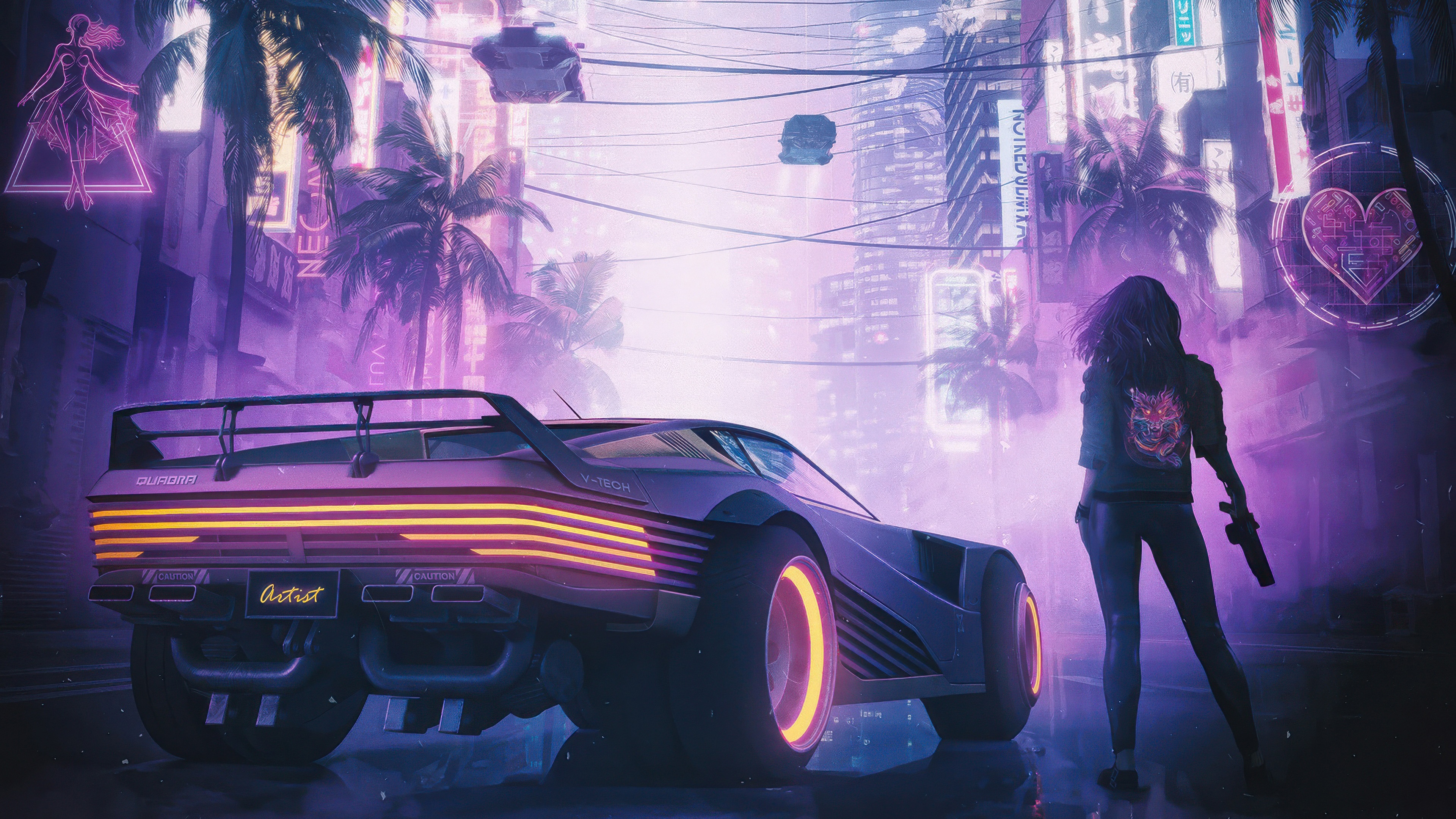Cyberpunk 2077 Neon Vanguard Car and Woman HD Wallpaper