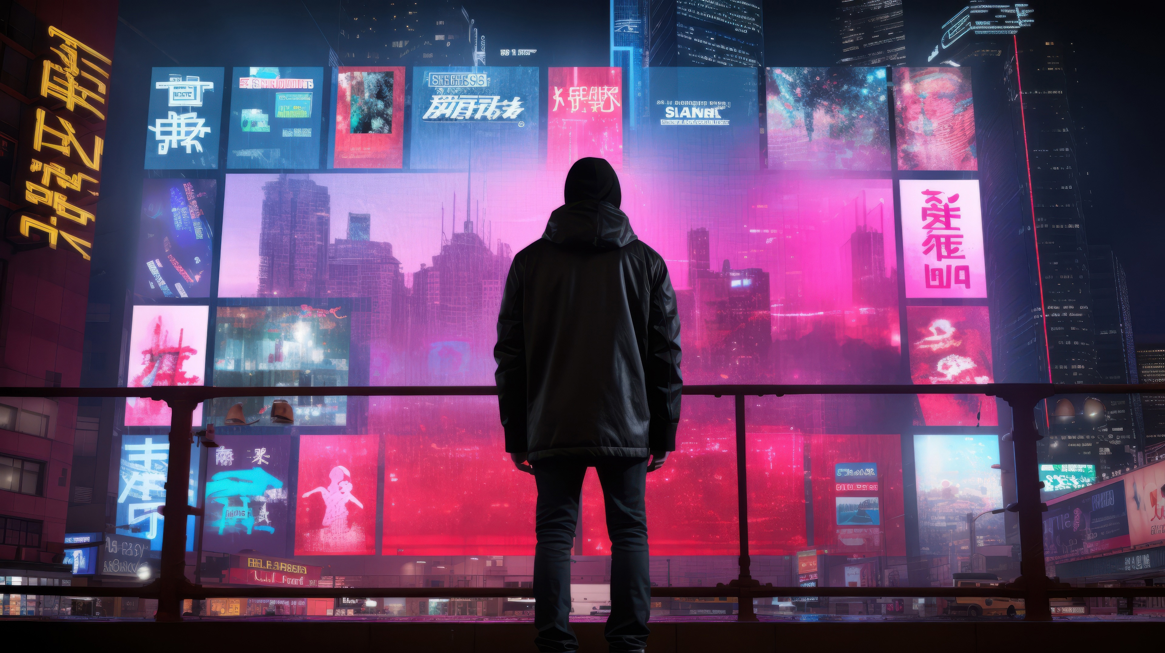 Neon City with Person Looking at Screens HD Wallpaper