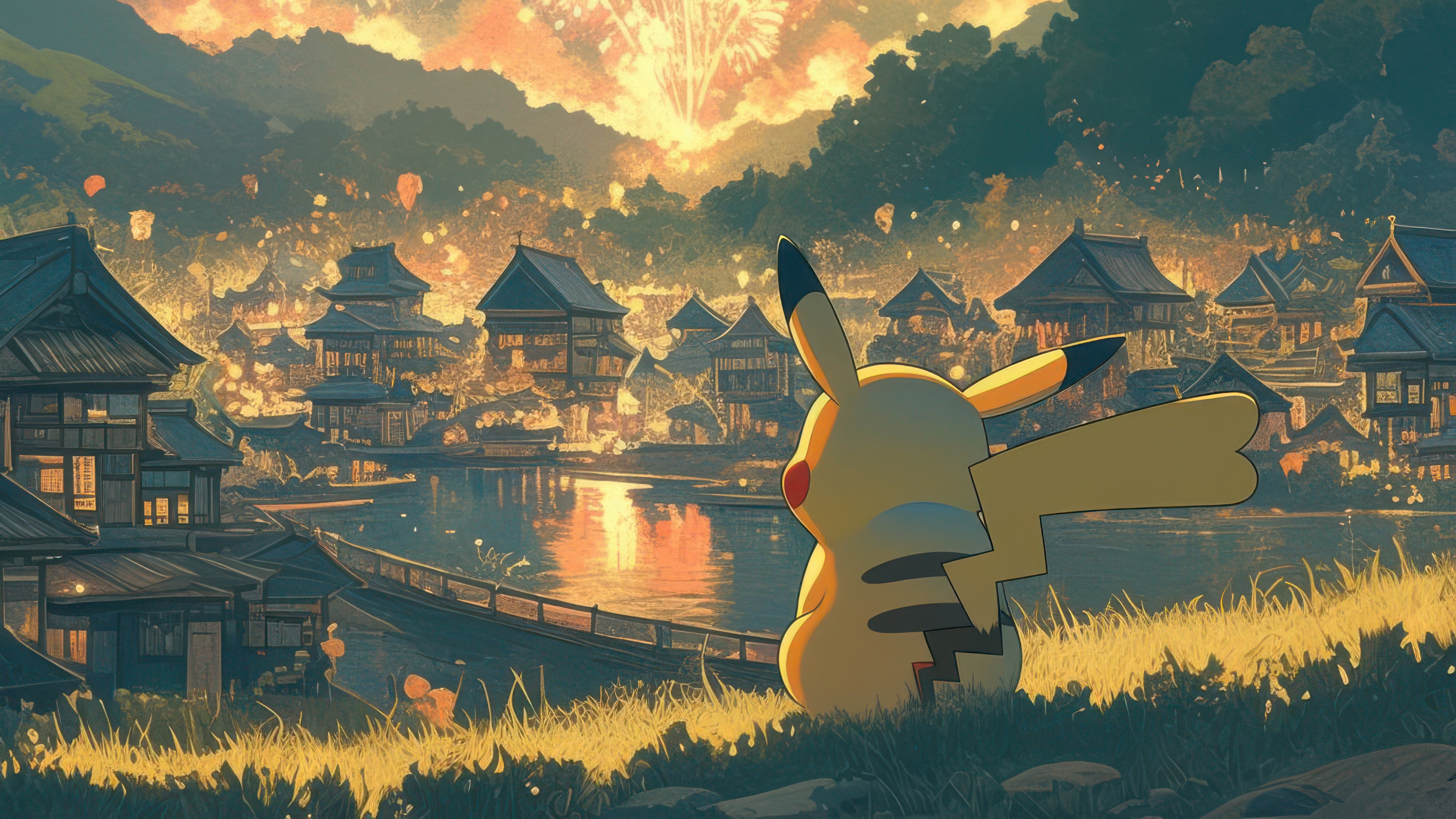 Pikachu watches fireworks over a Japanese village HD Wallpaper