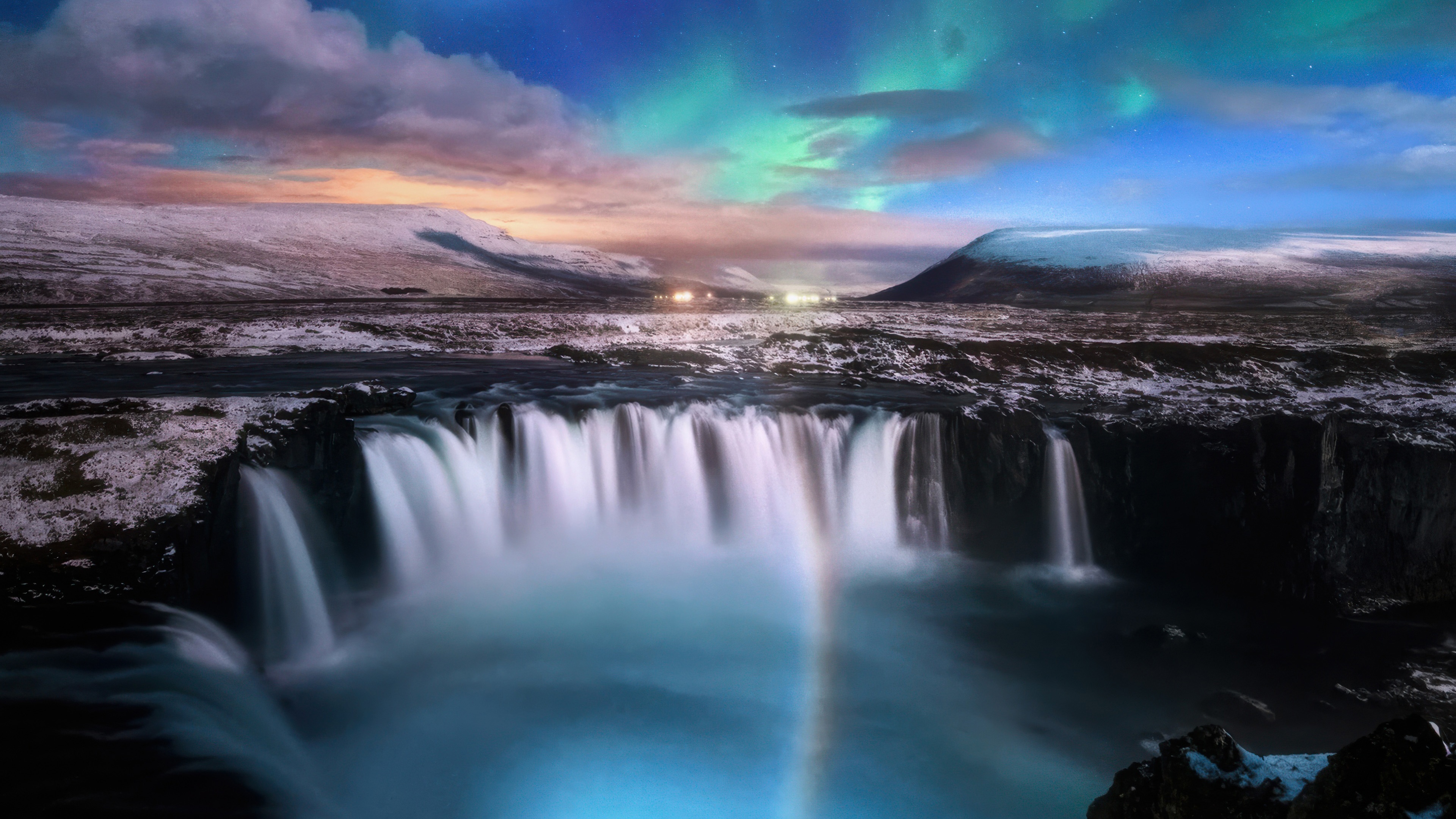 Aurora Borealis Over Godafoss Waterfall in Iceland HD Wallpaper