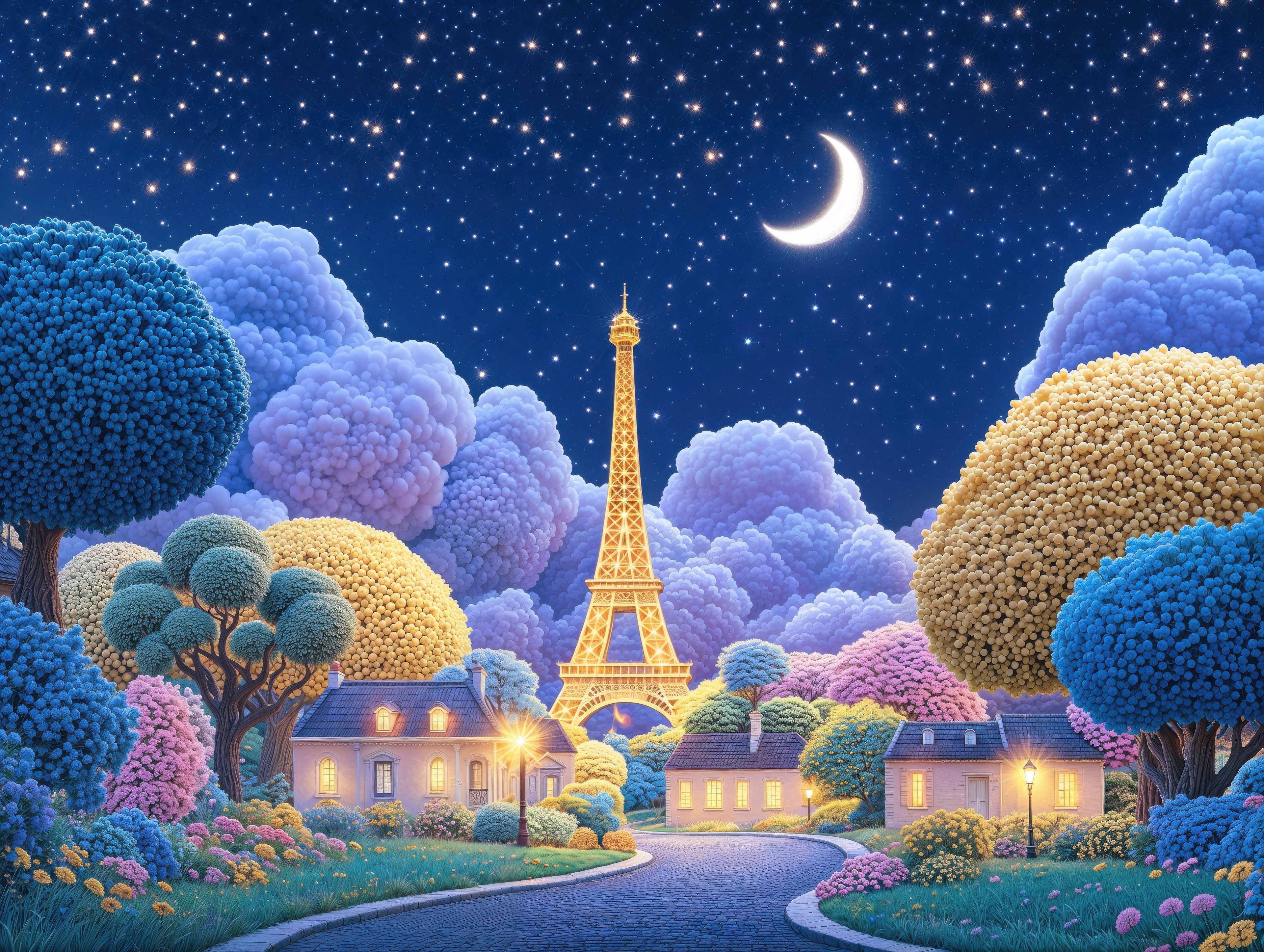 Parisian Night with Eiffel Tower and Crescent Moon HD Wallpaper