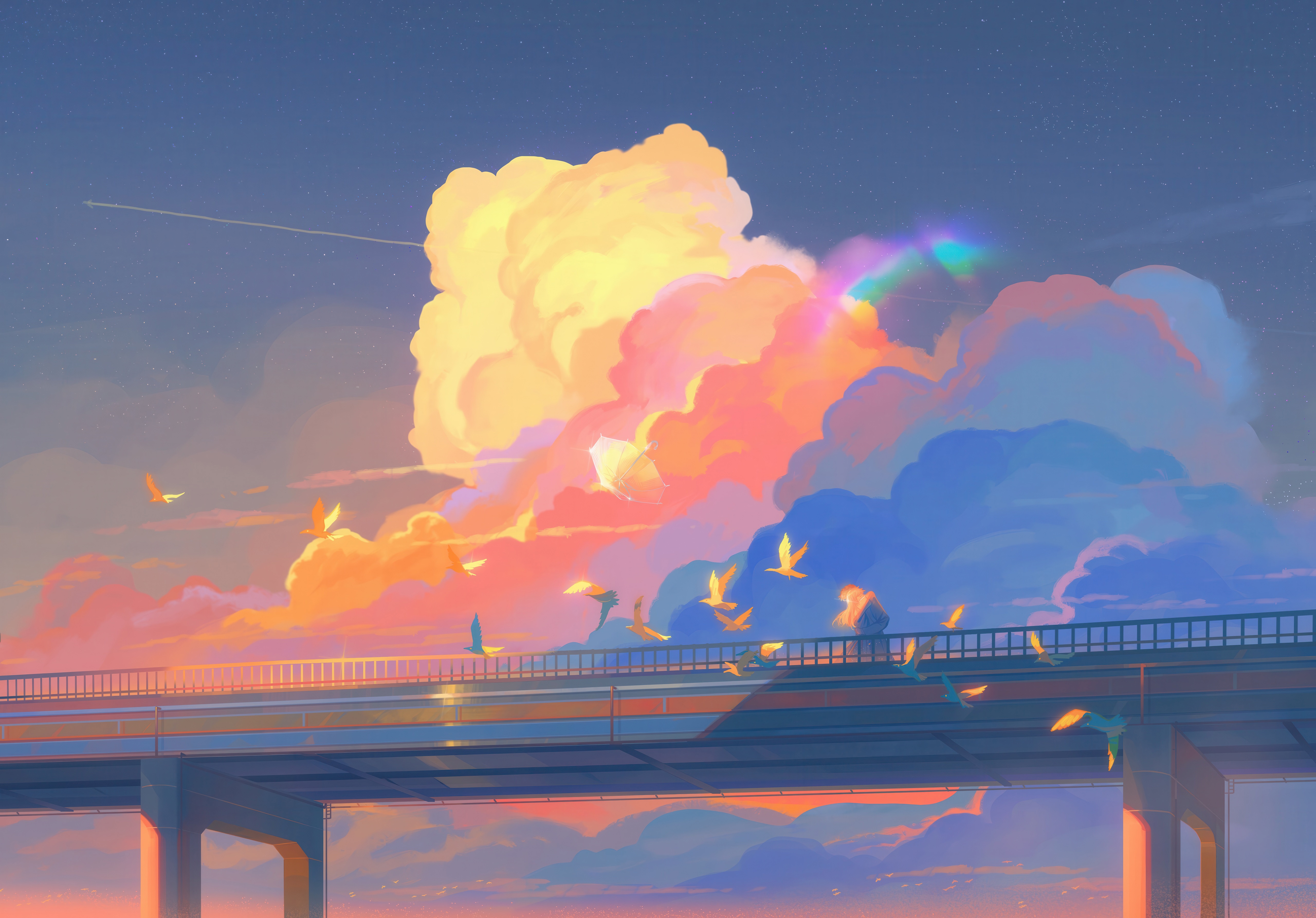 Birds flying over a bridge at sunset HD Wallpaper