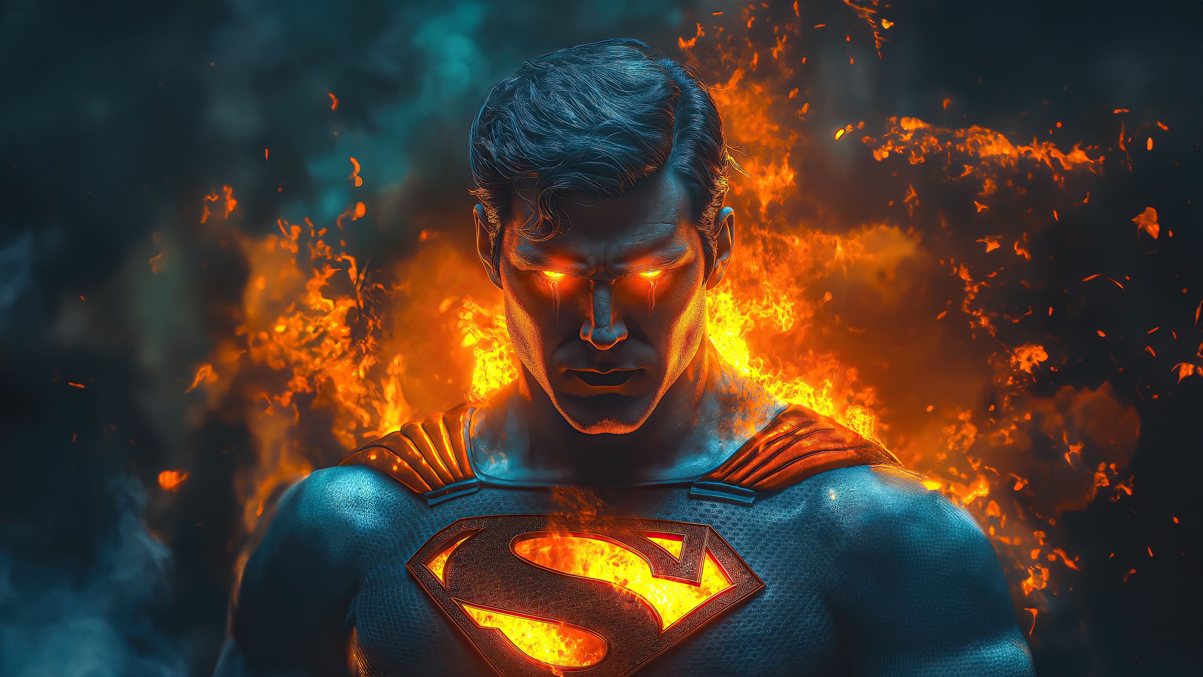 Superman with glowing eyes surrounded by fire HD Wallpaper