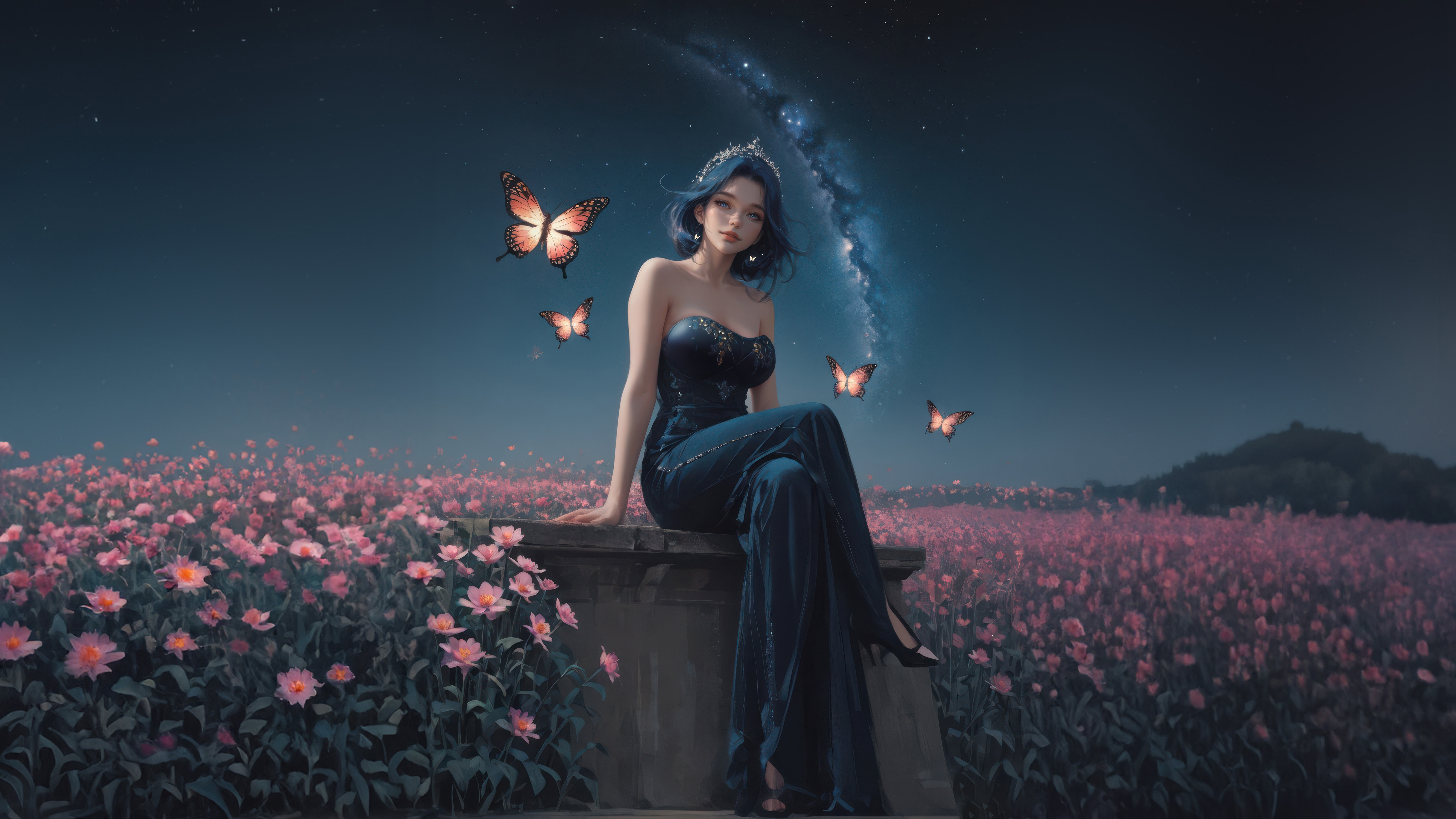 Queen of Butterfly in a field of flowers HD Wallpaper