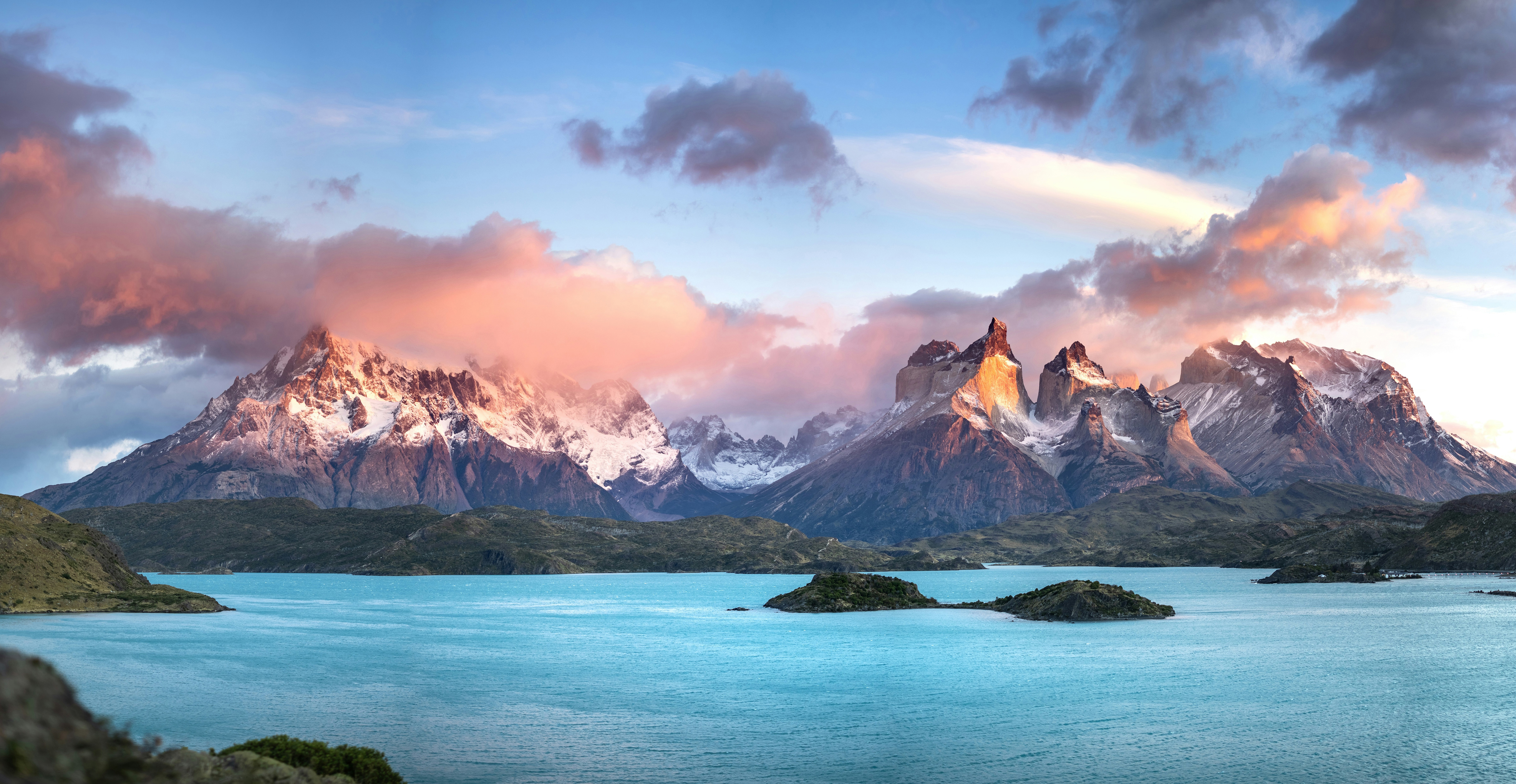 Torres Del Paine Mountains at sunrise with lake HD Wallpaper