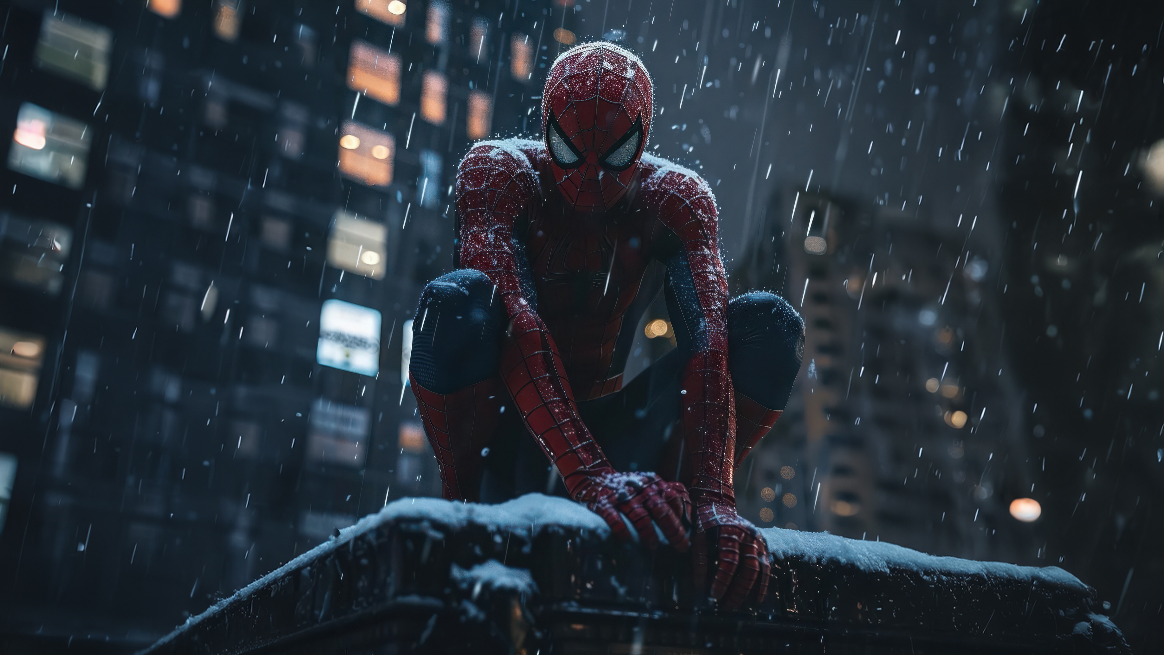 Spider-Man Crouching on a Snowy Ledge in the Rain HD Wallpaper