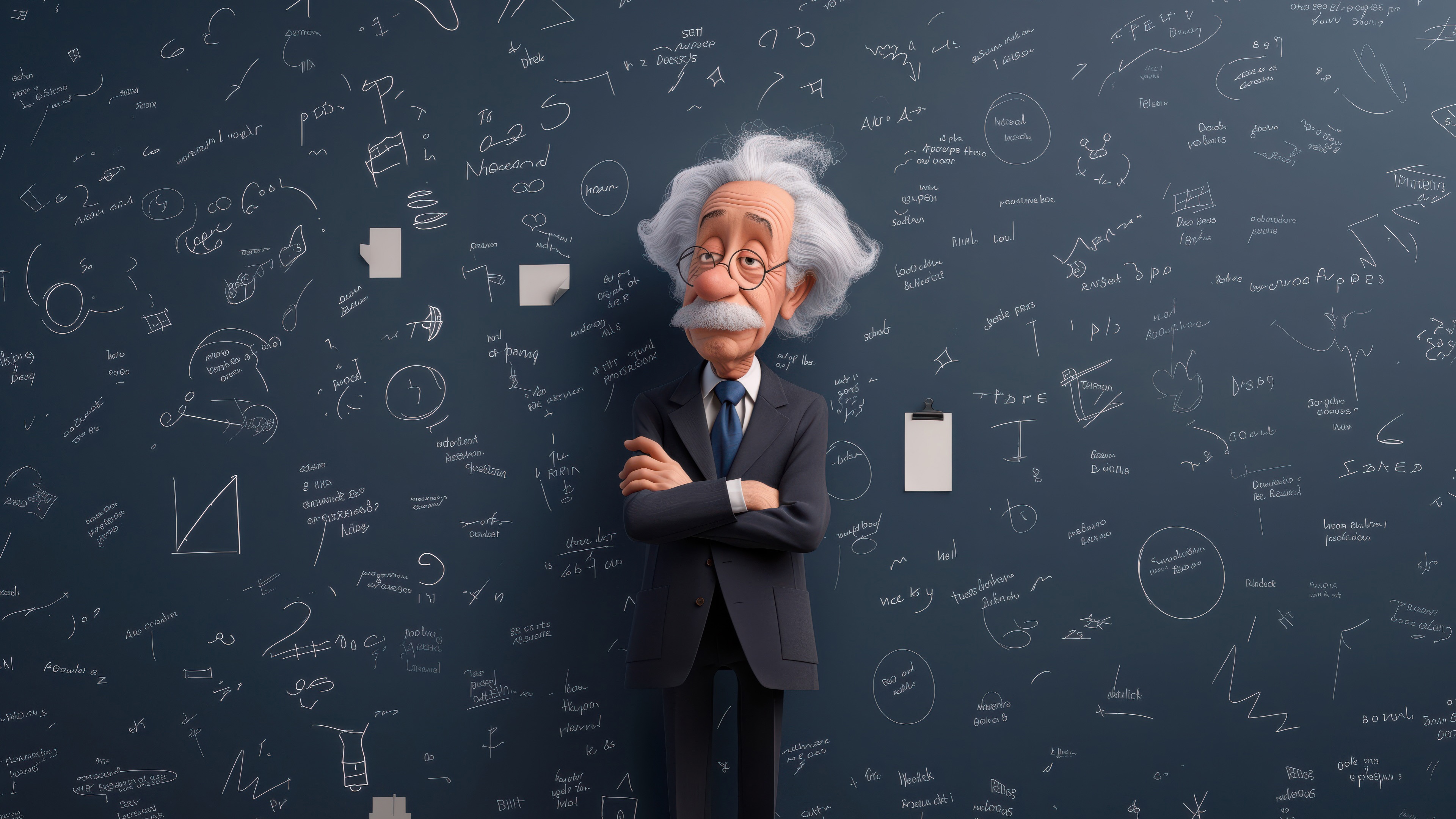 Cartoon Albert Einstein standing in front of a chalkboard HD Wallpaper