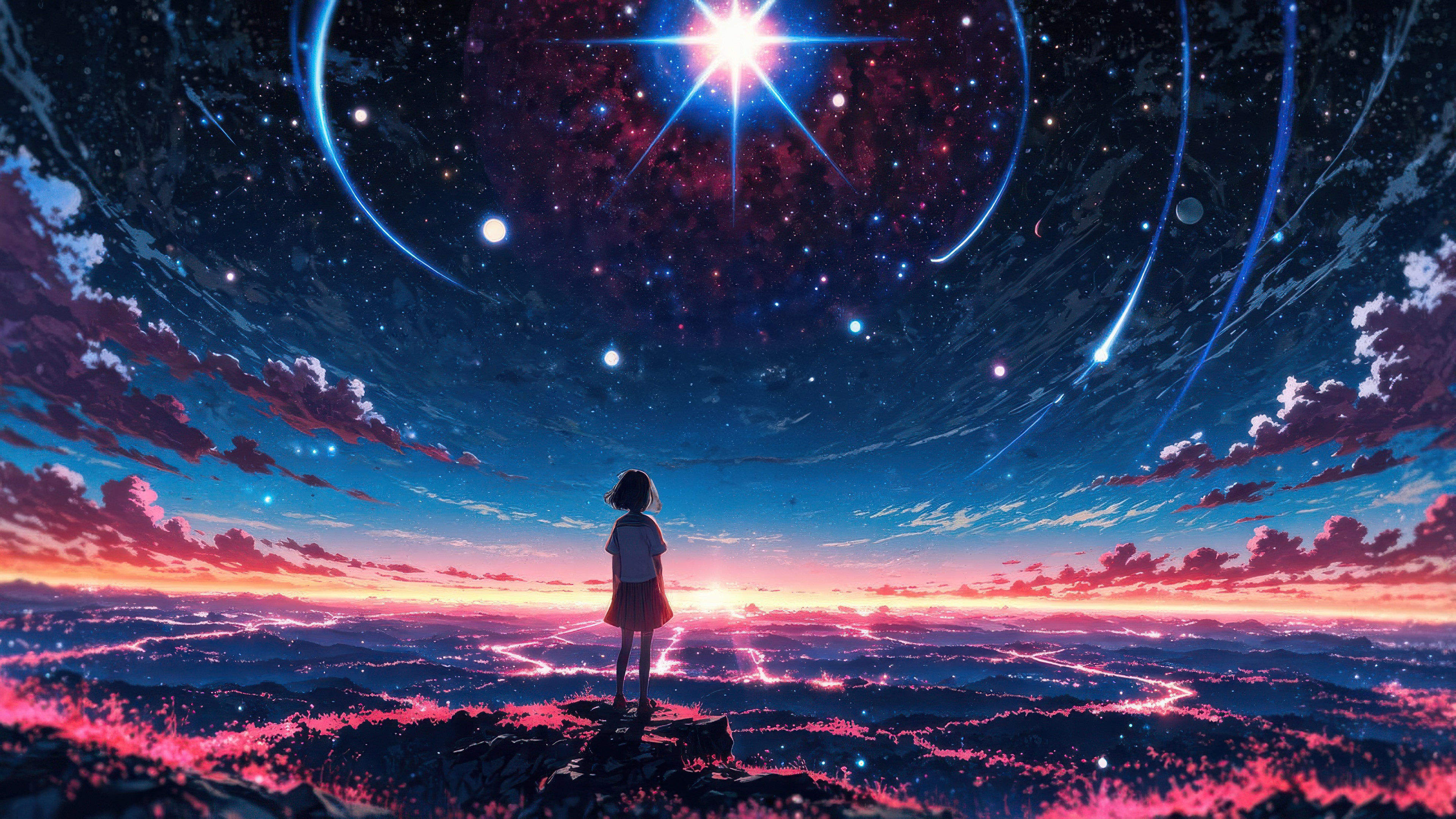 Girl looking at a starry sky with shooting stars HD Wallpaper