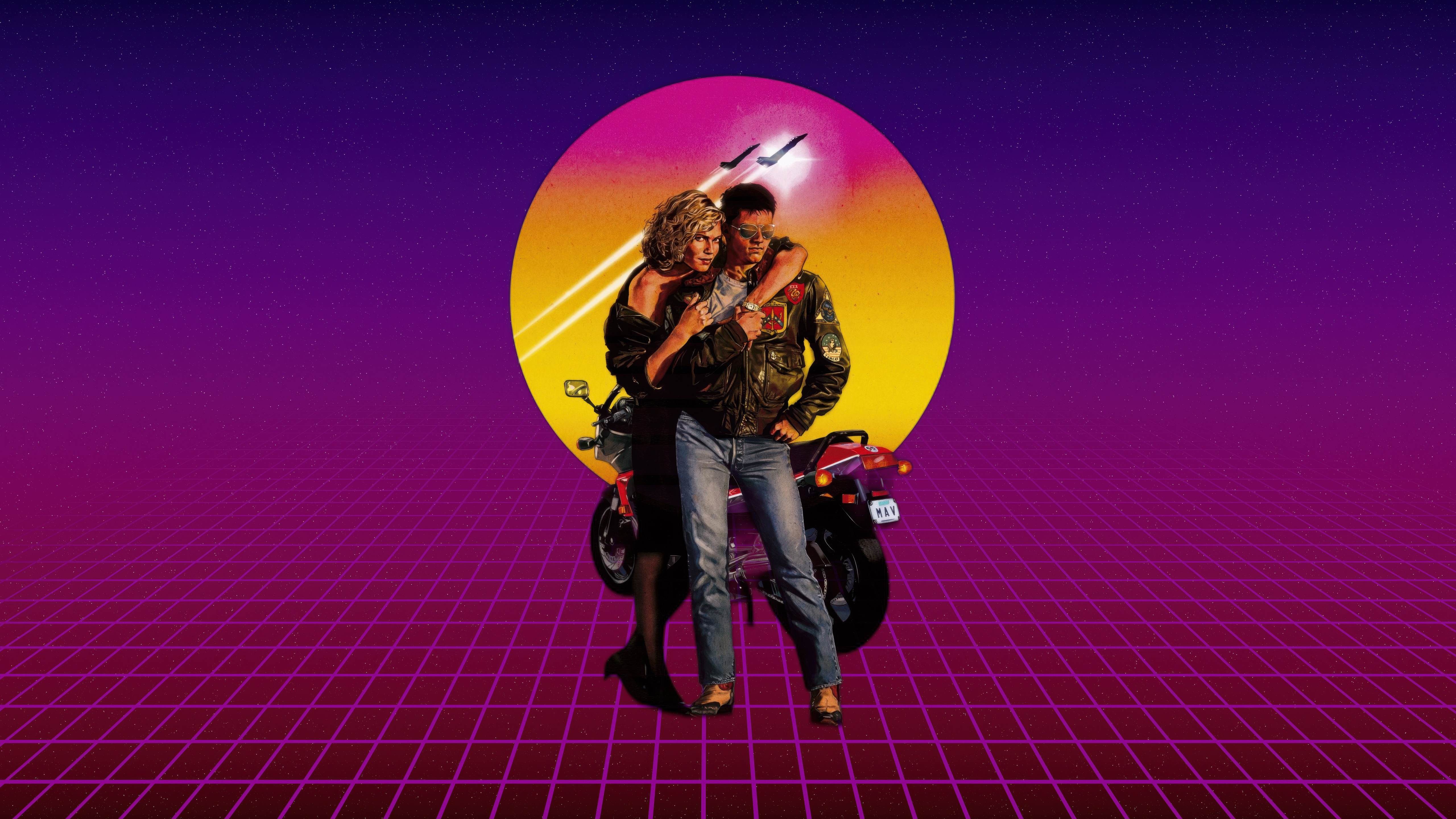 Top Gun Tom Cruise Retrowave Couple on Motorcycle HD Wallpaper