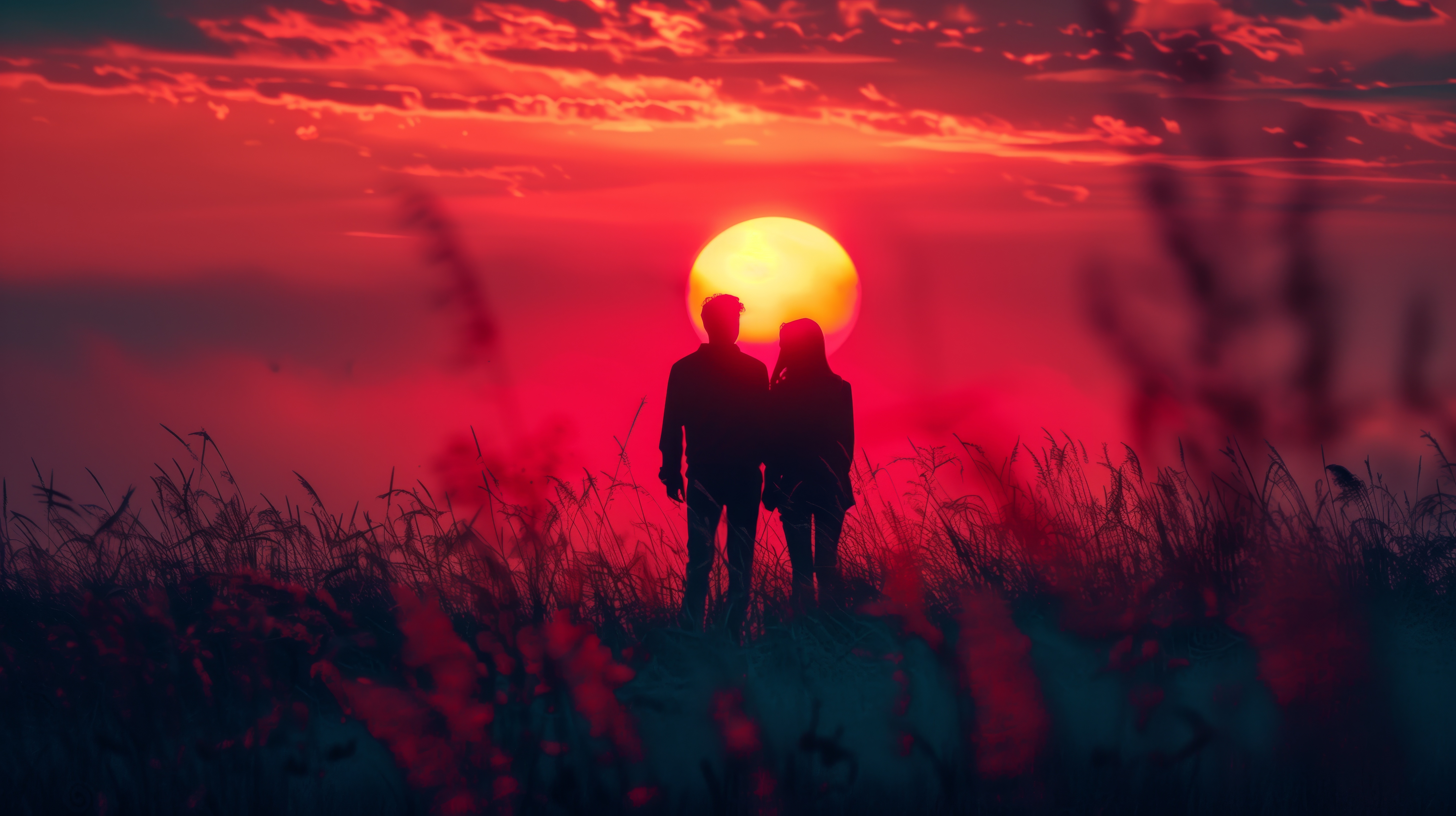 Couple silhouetted against a vibrant sunset HD Wallpaper