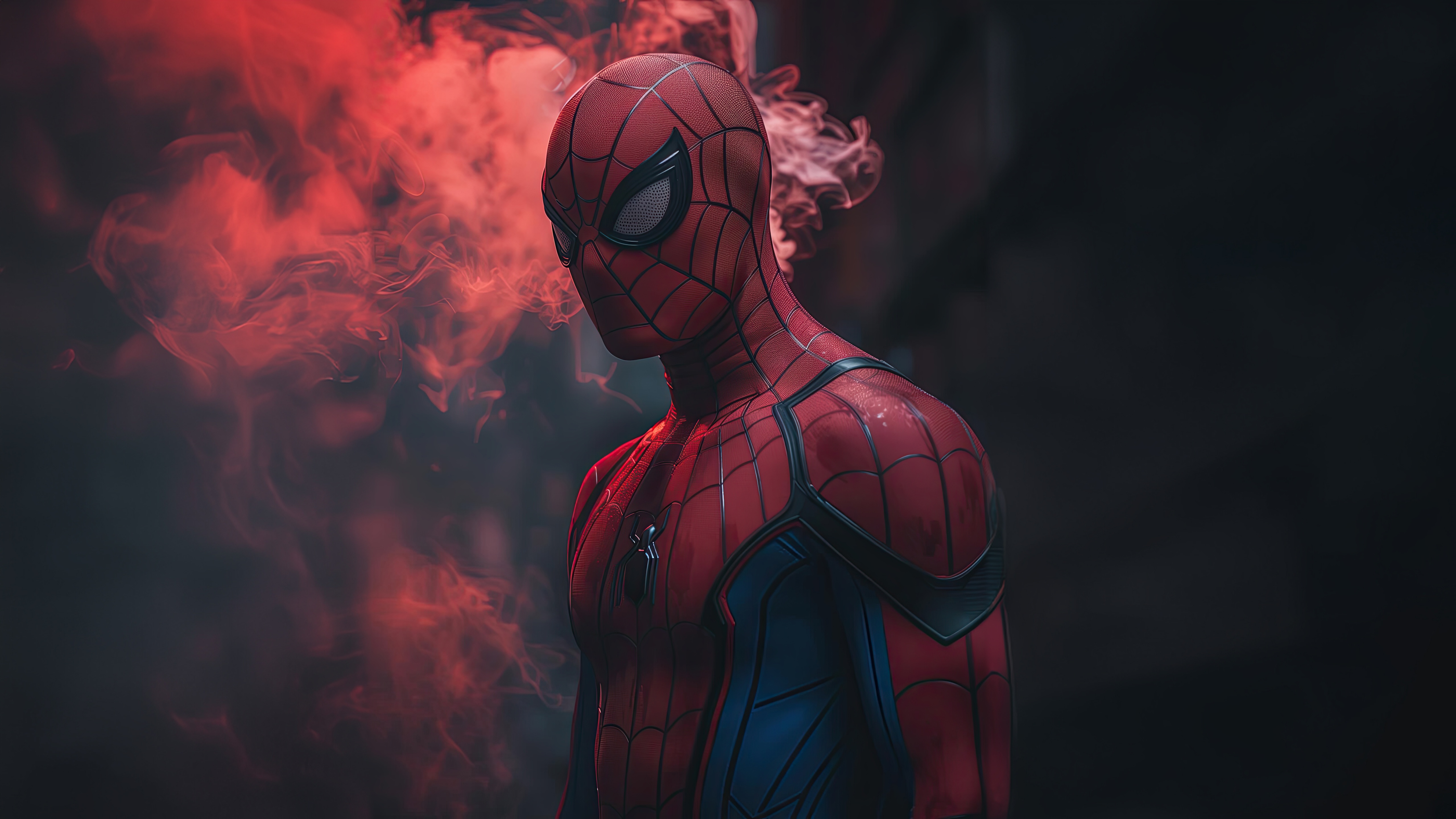 Spiderman in red and blue suit with red smoke HD Wallpaper
